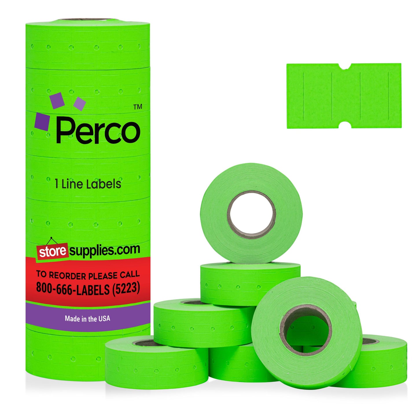 Perco 1 Line Fluorescent Green Labels - 8 Rolls, 1 Sleeve, 8,000 Blank Price and Date Gun Labels for Perco 1 Line Price and Date Guns - Made in USA