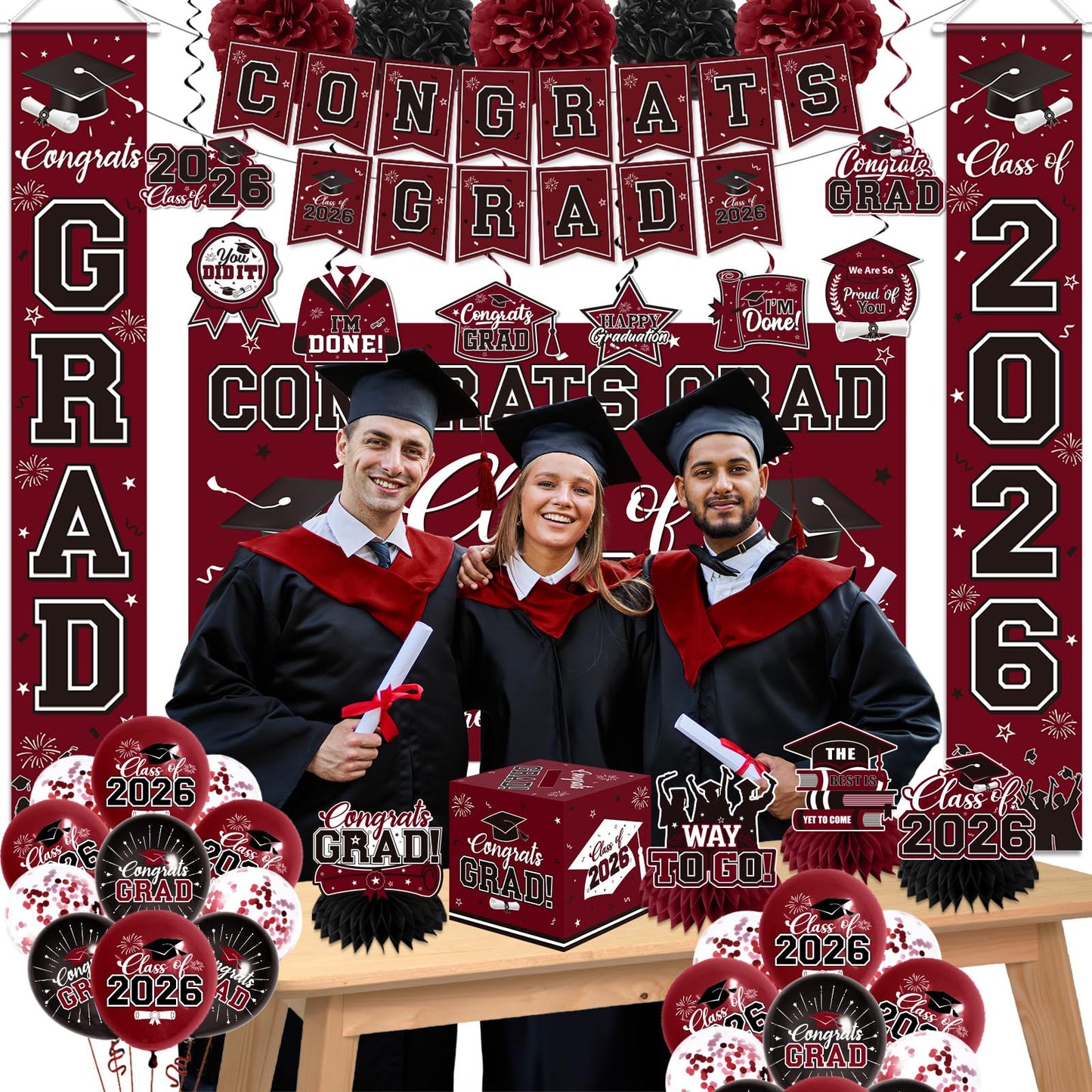 Graduation Decorations 2026 Maroon Party Decor Set with Congrats Grad Banner, Class of 2026 Backdrop, Balloons, Box & Streamers Supplies for High School & College Celebrations