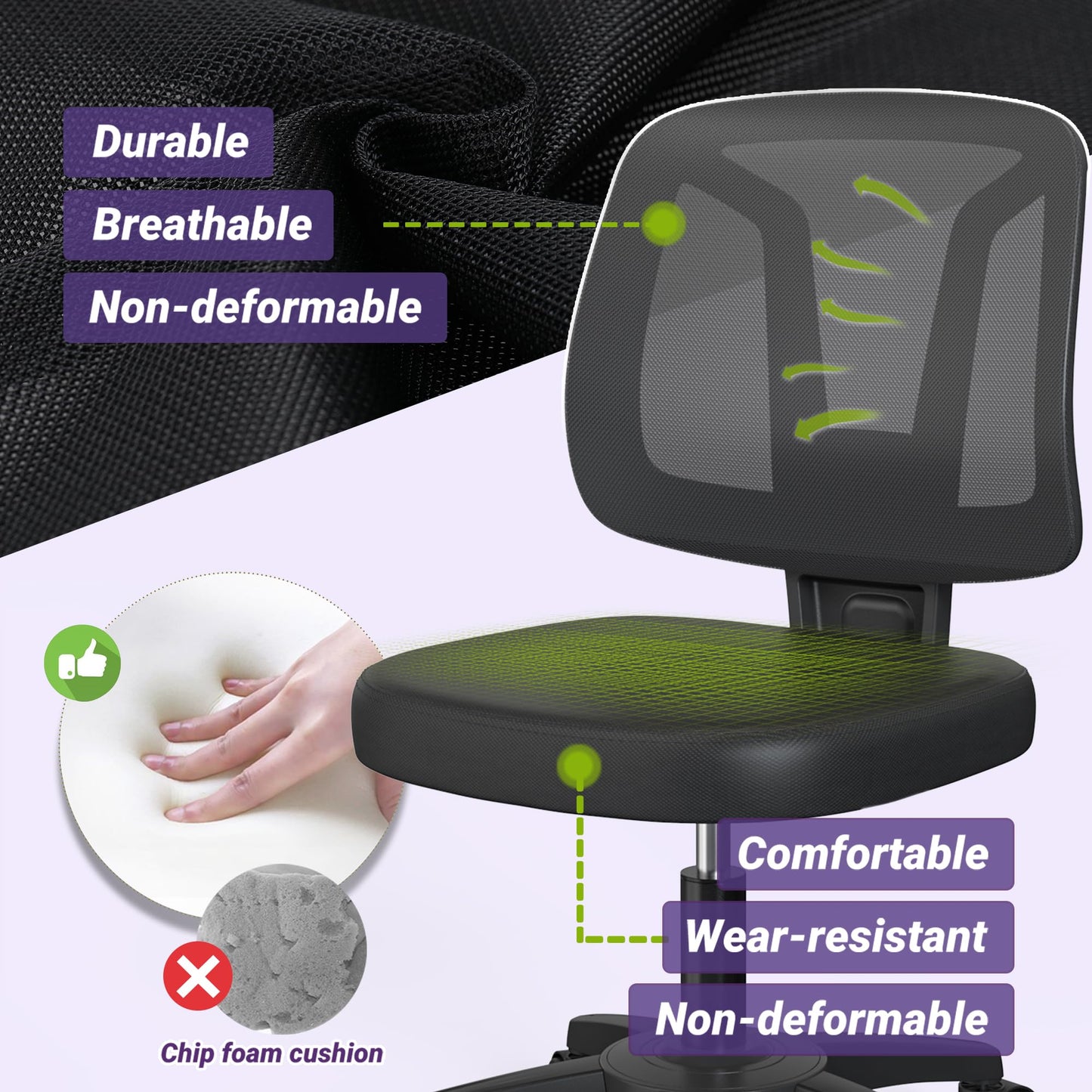 Swivel No Arms Small Home Desk Chair for Computer with Height Adjustable Lumber Support and Rotatoable Wheels for Small Spaces