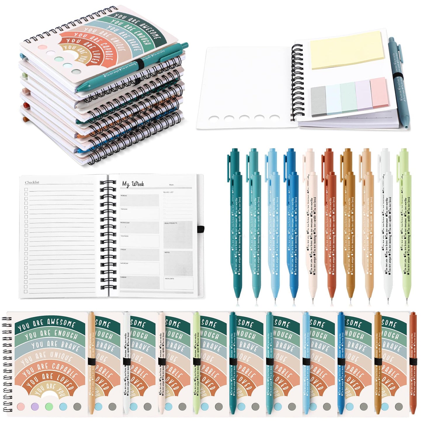 Janlaugh 60 Pcs Mental Health Awareness Gifts Wellness Gifts Bulk Include 30 Mental Health Planners Journals with Sticky Notes 30 Positive Affirmation Pens Self Care Item for Coworker Teacher Student