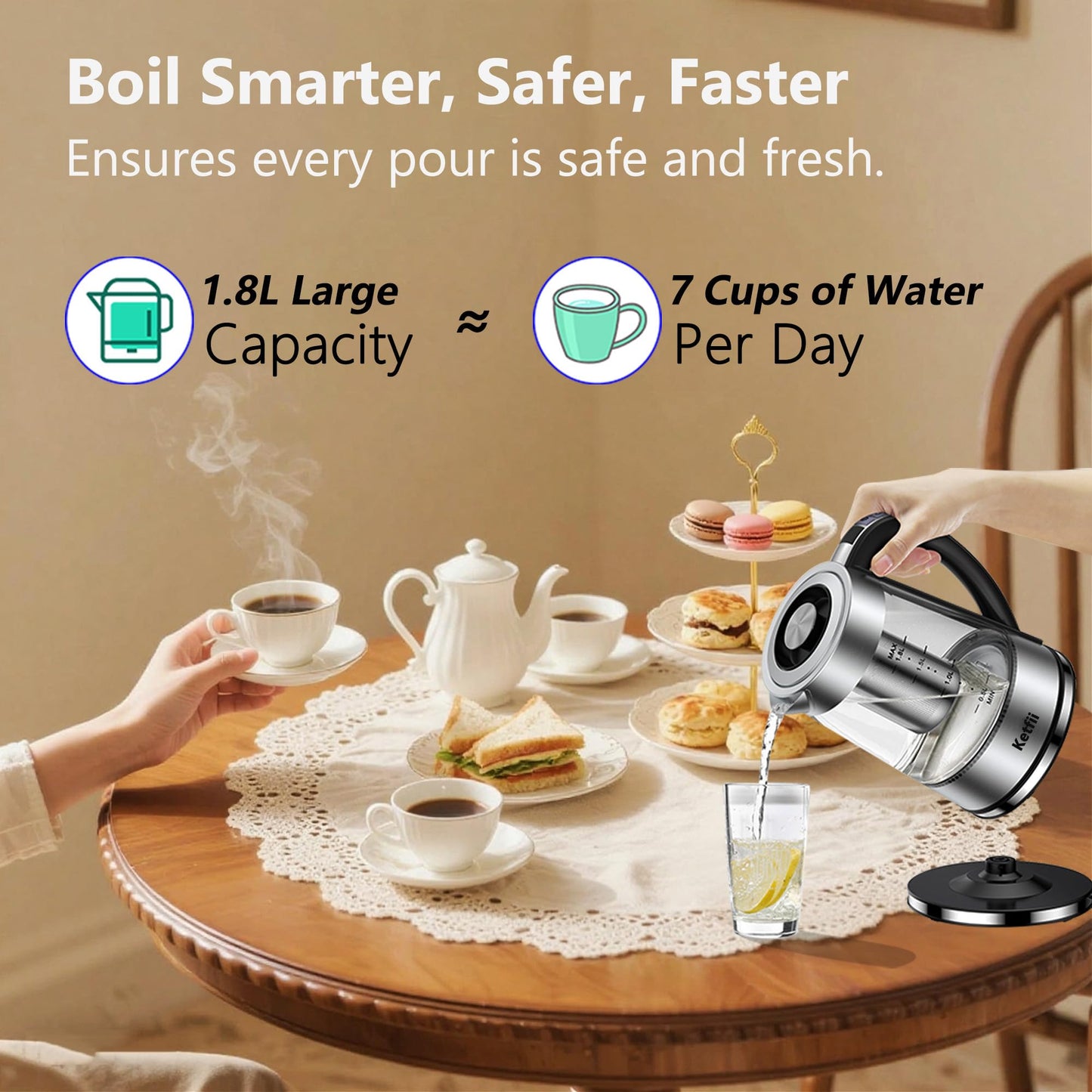 Electric Kettle with British Strix Thermostat, 1.8L 1500W, 24-Hour Keep Warm, Removable Lid, Glass Tea Kettle & Hot Water Boiler, BPA-FREE, Auto Shut-Off & Boil-Dry Protection, 304 Stainless Steel