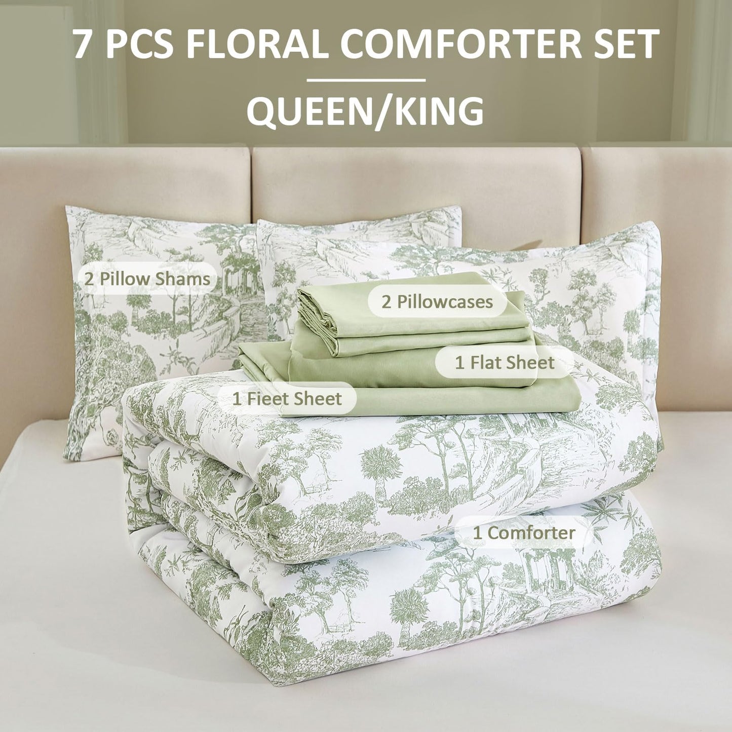 DJY Sage Green Comforter Set King, 7 Pieces Bed in a Bag King Size Botanical Comforters with Sheets Elegant Plants Print Soft Microfiber Reversible Complete Bedding Sets for All Season