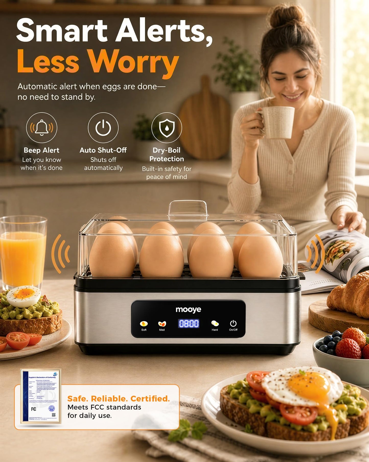 Mooye Rapid Egg Cooker for Hard Boiled Eggs, Electric Egg Steamer 3 IN 1 Soft Medium Hard Boiled, Egg Maker with Auto Shut-Off, Egg Boiler for Kitchen Breakfast & Fitness, BPA-Free, Holds 8 Eggs