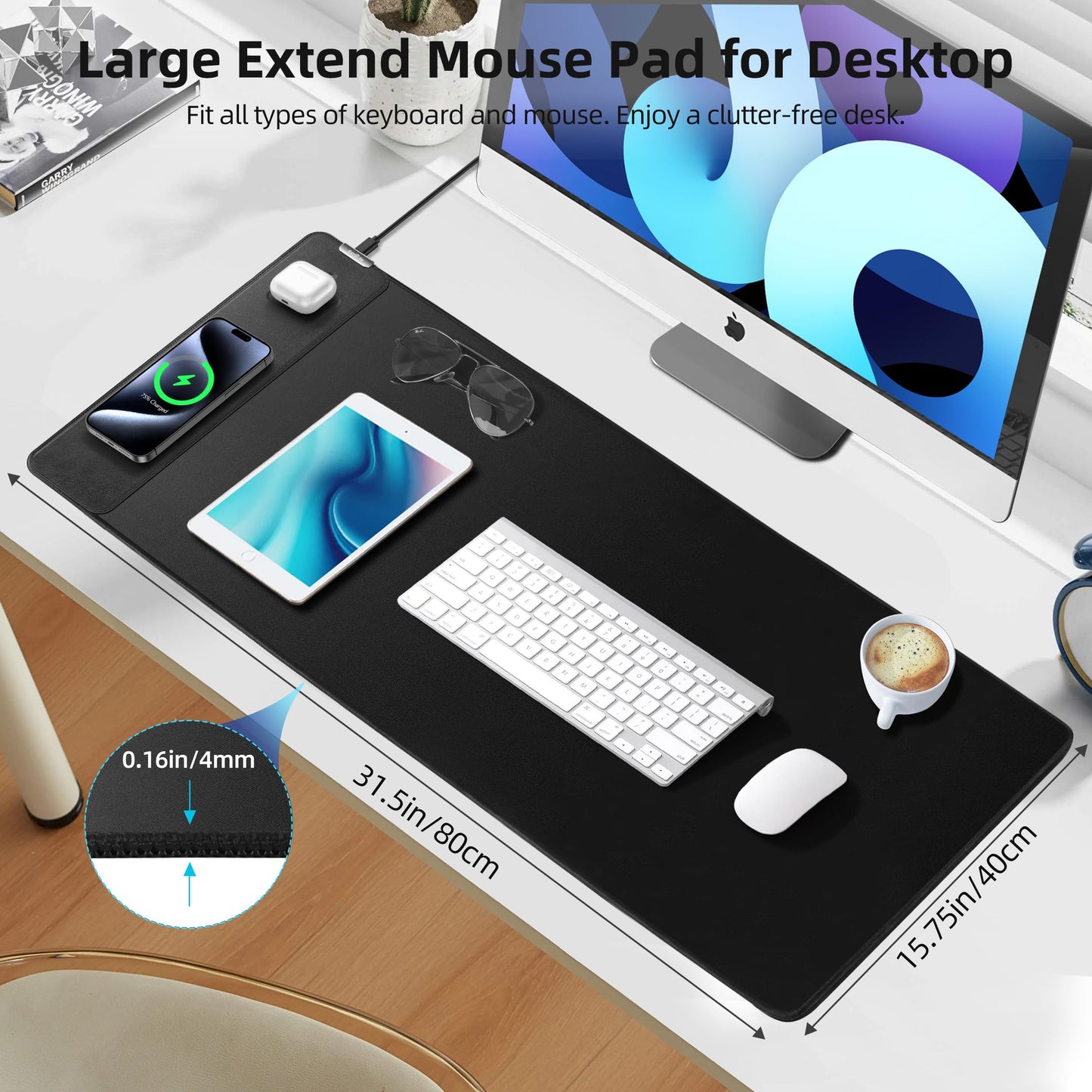Mouse Pad with Wireless Charging, Gaming Mouse Pad with Ultra-Smooth Surface, Large XXL Desk Mat, Non-Slip Mouse Mat, Waterproof Computer Keyboard Pad for Gaming, Desk, Office, PC, 800x400x4MM, Black