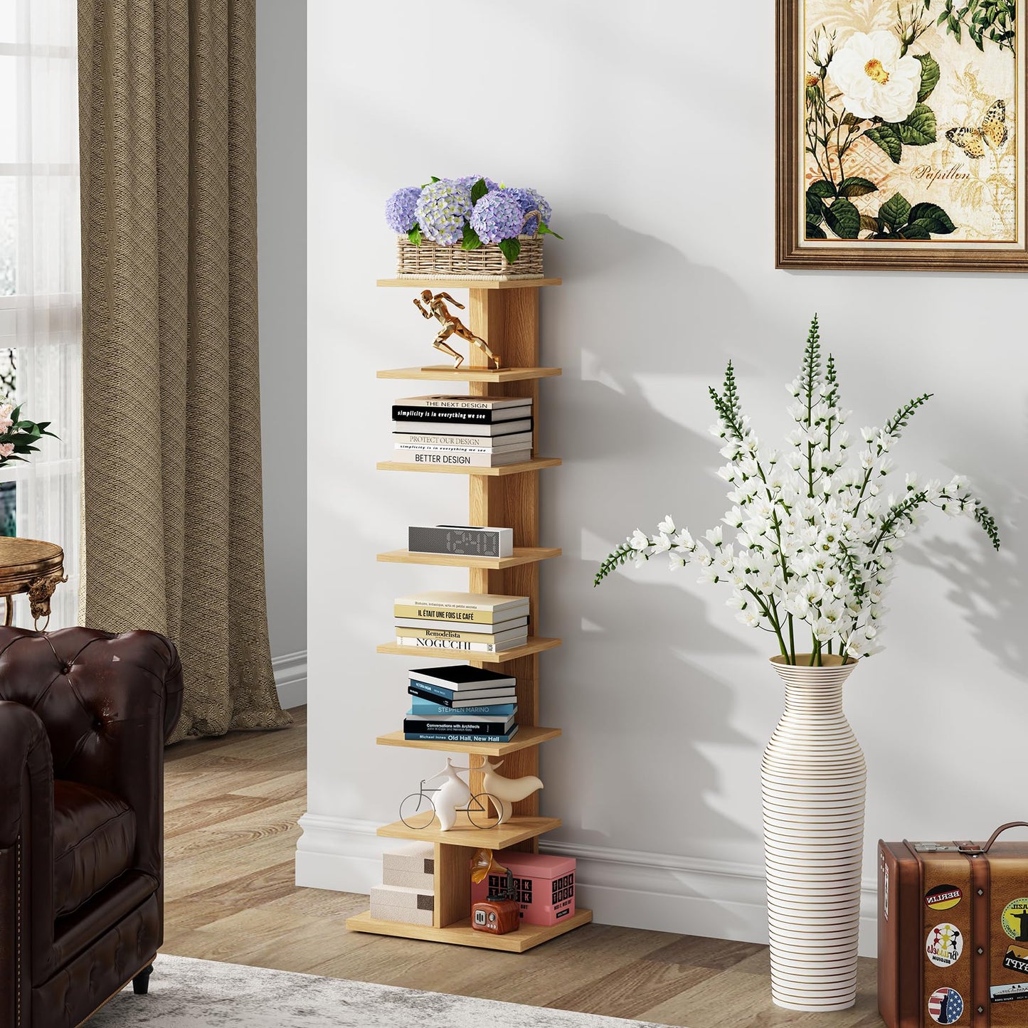 TUTOTAK Narrow Bookshelf, 8-Tier Bookcase, Spine Book Shelf for Small Space, Corner Standing Shelf for Living Room, Office, Study, Entryway, Natural BS06BN008