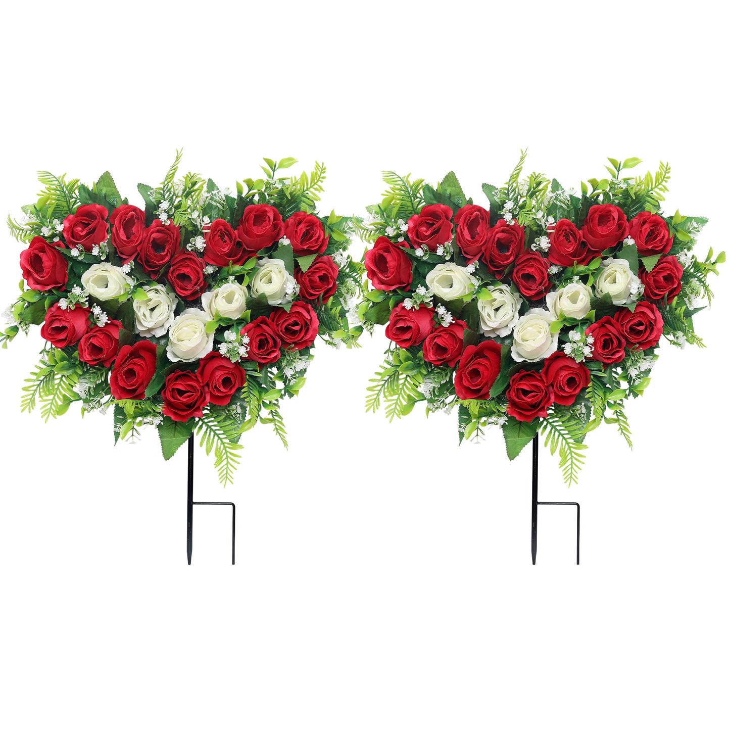 Lodou 2 Sets Artificial Cemetery Flowers, Grave Memorial Flowers with Ground Spike,Heart Shaped Wreaths Rose Flowers for Artificial Rose Decoration for Cemetery Headstones Gravesites (red)