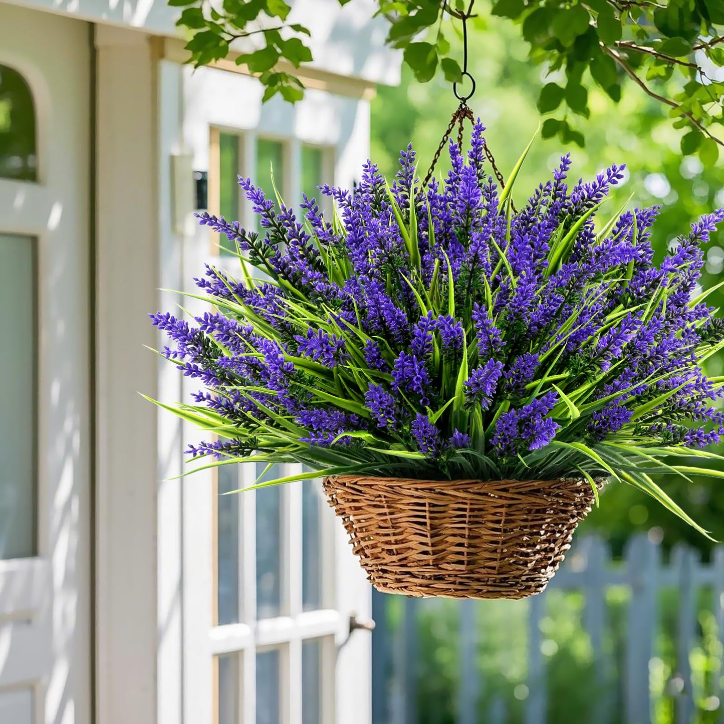 Geegoods Artificial Plants Flowers Outdoor – 48 Bundles UV Resistant Faux Lavender Flowers with Monkey Grass for Garden Porch Window Patio Hanging Planter Decor