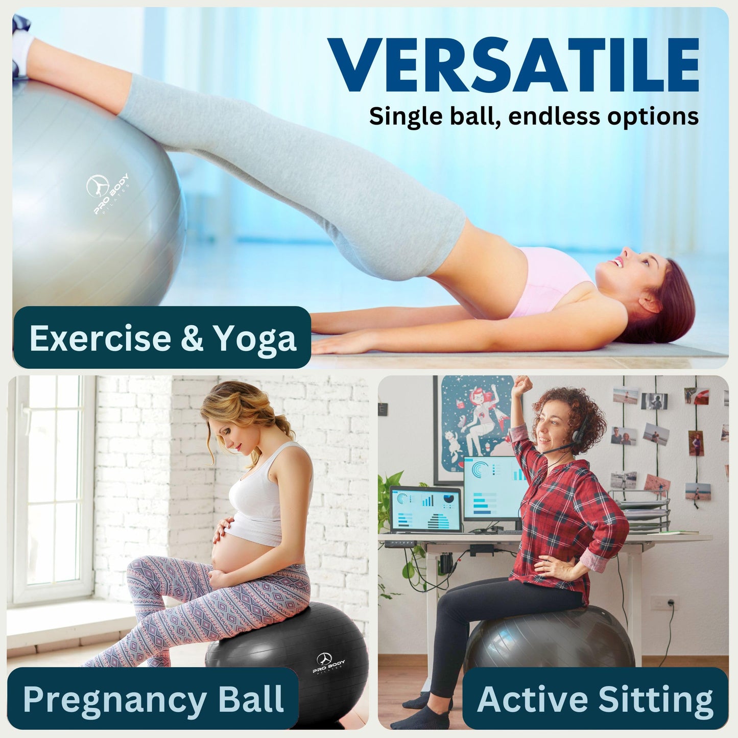 ProBody Pilates Yoga Ball Chair, Exercise Ball Chair with Base or Stand for Home Office Desk Sitting or Workout, Balance & Stability Ball Seat, Large Gym Ball for Back (Blue with Bands)