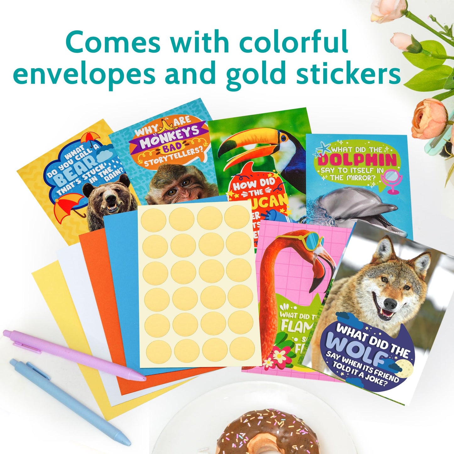 T MARIE 72 Funny Animal Notecard Set with Envelopes and Stickers - 4.5” x 6.25” Humorous Thinking of You Cards - Unique Designs with No Repeats Ideal for Kids, Teachers, Summer Camp, and More