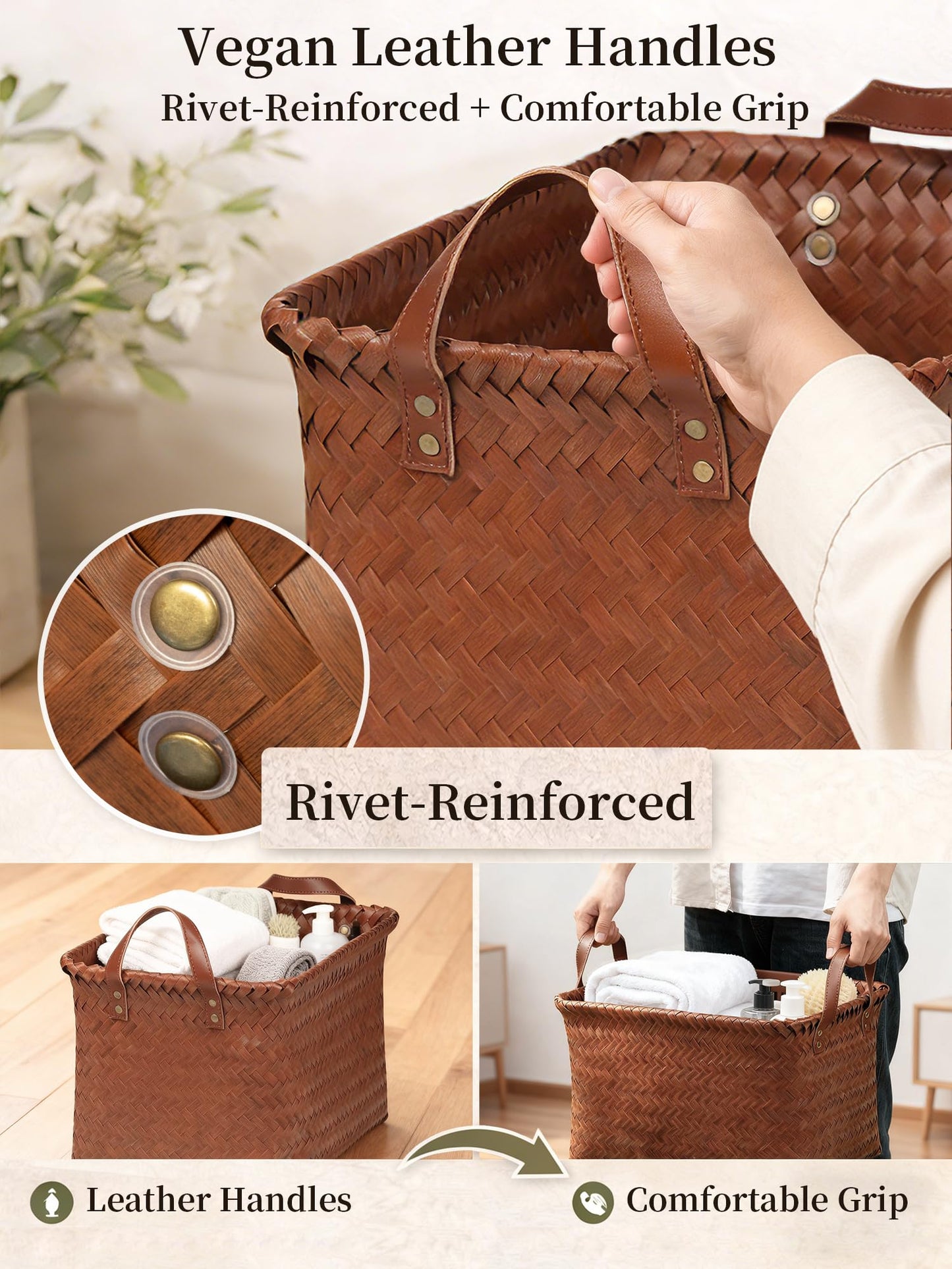 Panovox Hand Woven Baskets for Storage, 4Pcs Water-Resistant Wicker Baskets, Brown Wicker Storage Baskets for Shelves, Large Basket with Handle for Organizing, Clothes, Laundry, Blanket - Rectangular
