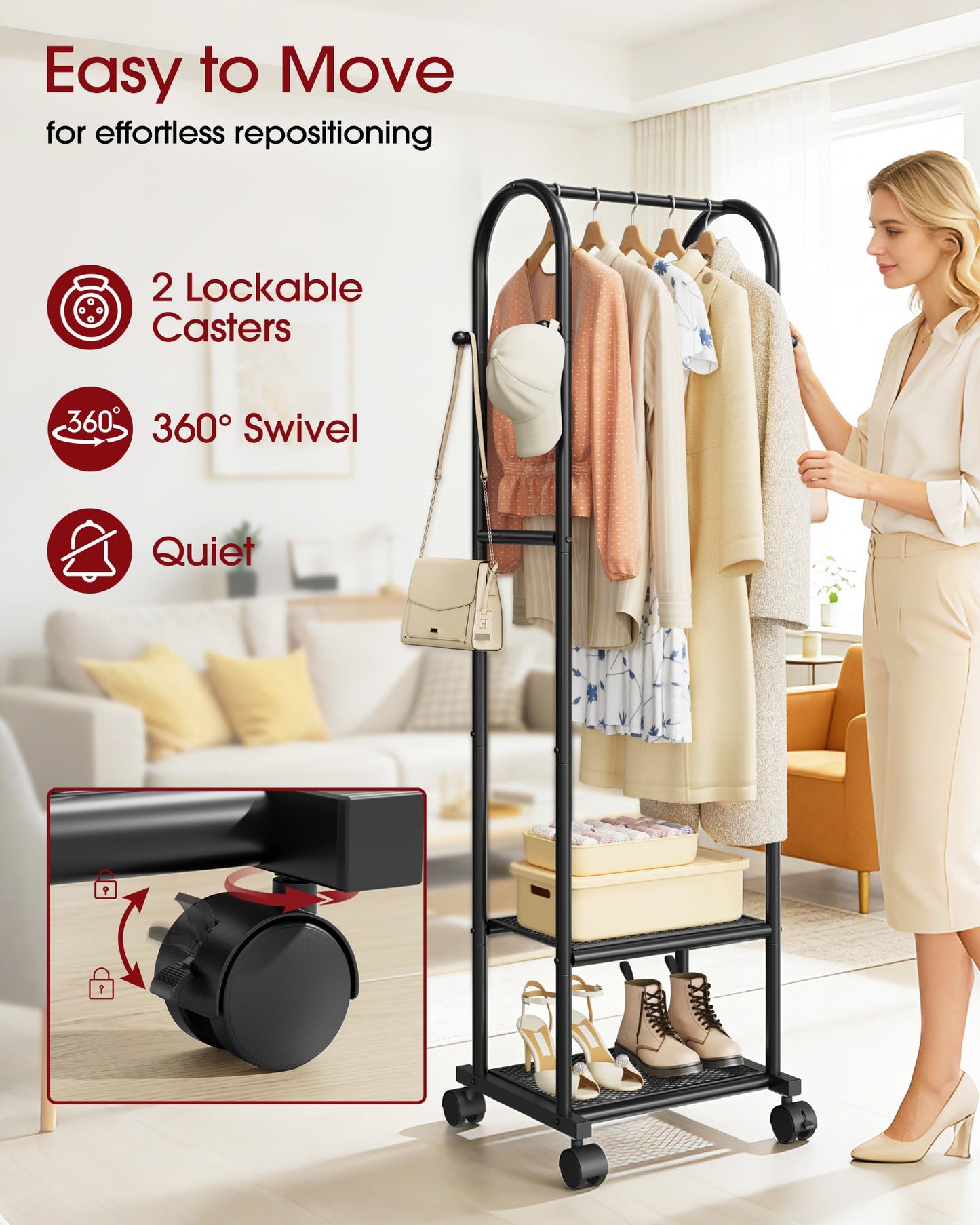 Sakugi Heavy Duty Premium Clothes Rack with 2-Tier Mesh Shoe Shelves & 4 Hooks, Lockable Wheels, Space-Saving, Multi-Functional for Bedroom, Entryway, Closet, Modern Design, 18.4" x 12.6" x 72", Black