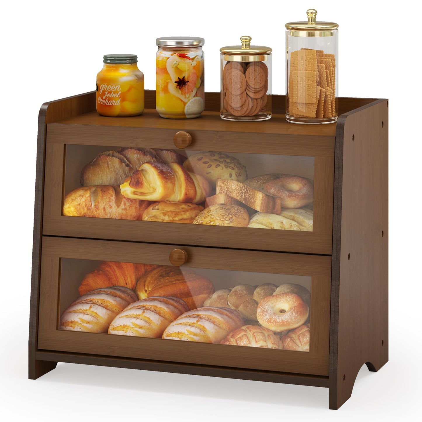 JANSNIMEN Double Layer Bread Box for Kitchen Countertop, Large Breadbox Bread Container Storage with Acrylic Door, Wooden Farmhouse Bread Holder (Brown, Medim-15.7" L x 9.5" W x 13" H)