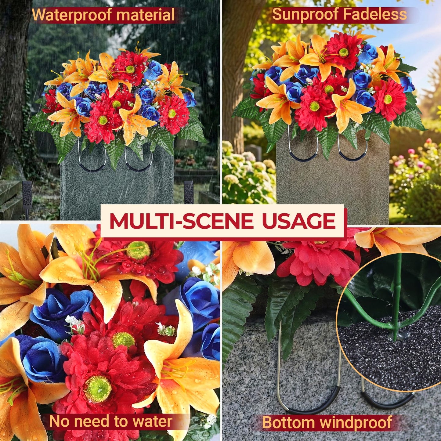 jabeick 3 PCS Artificial Cemetery Flower Saddles, Cemetery Memorial Flowers with Vase for Outdoor Grave Tombstone Decorations, Lily Rose Gerbera Headstone Flowers Saddle