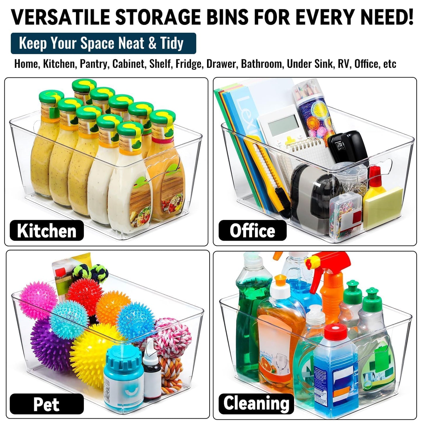 12 PACK LARGE Clear Storage Bins with Handles & Labels, Multiuse Plastic Pantry Organizer Bins for Home Kitchen, Fridge, Freezer, Cabinet, Closet, Bathroom, Shelf, Laundry, RV, Under Sink Organization