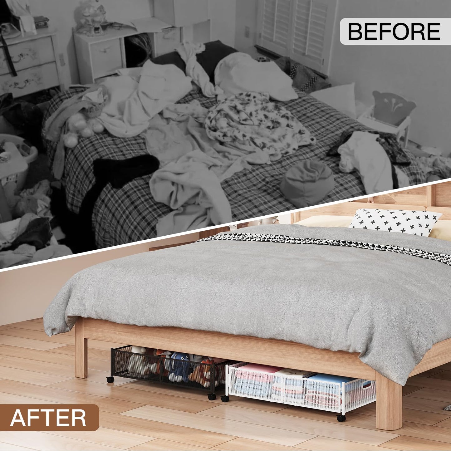 Gawerk Under Bed Storage with Wheels, Foldable Metal Mesh Underbed Storage Container Bins, Tool-free Assembly Clothes Drawer Organizer,2Pack