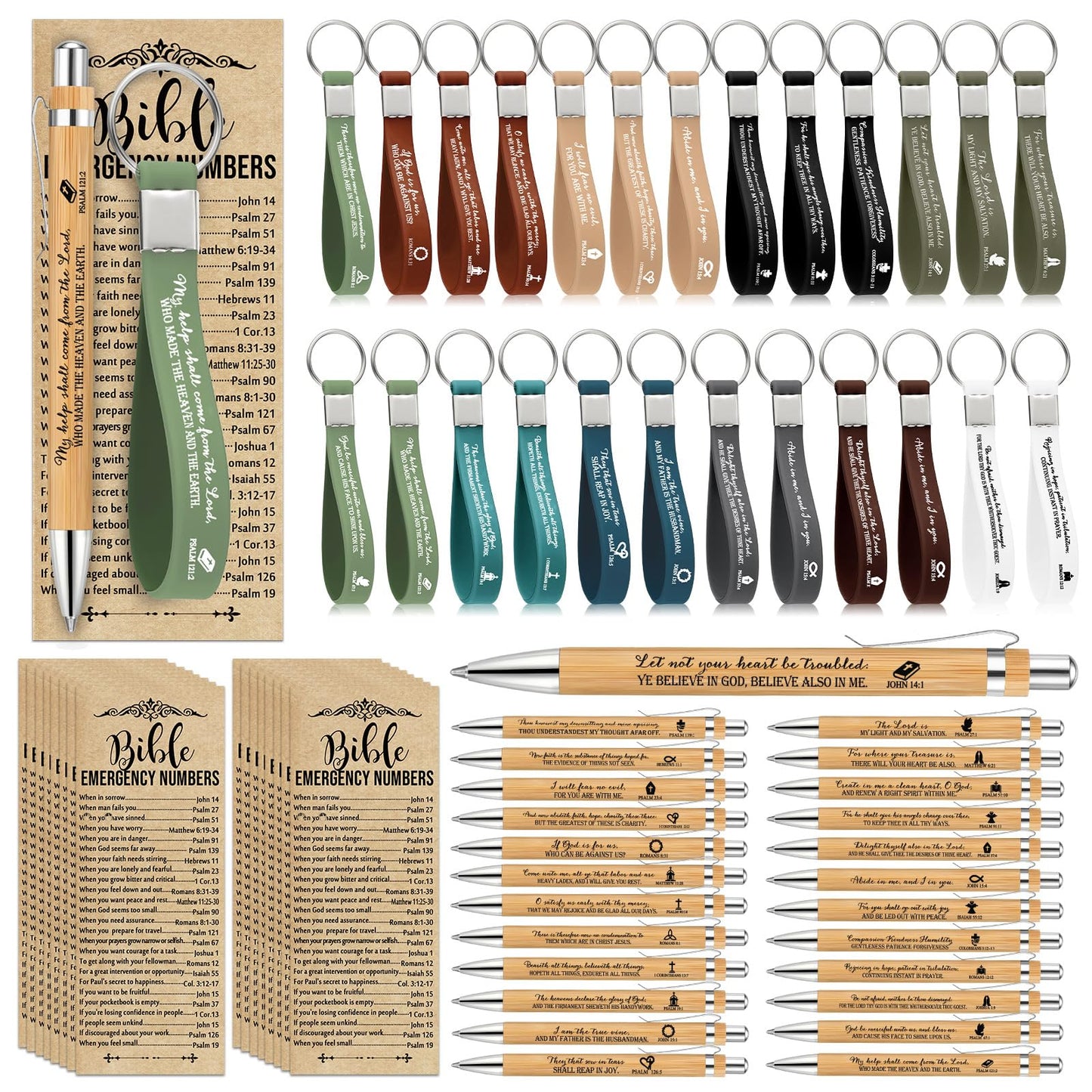 Feifeiya 100 Christian Gifts Bulk for Men Dad, Father's Day Bible Verse Bamboo Pens with Religious Silicone Keychains and Emergency Scripture Bookmarks, Church Bible Study Group Baptism Favors