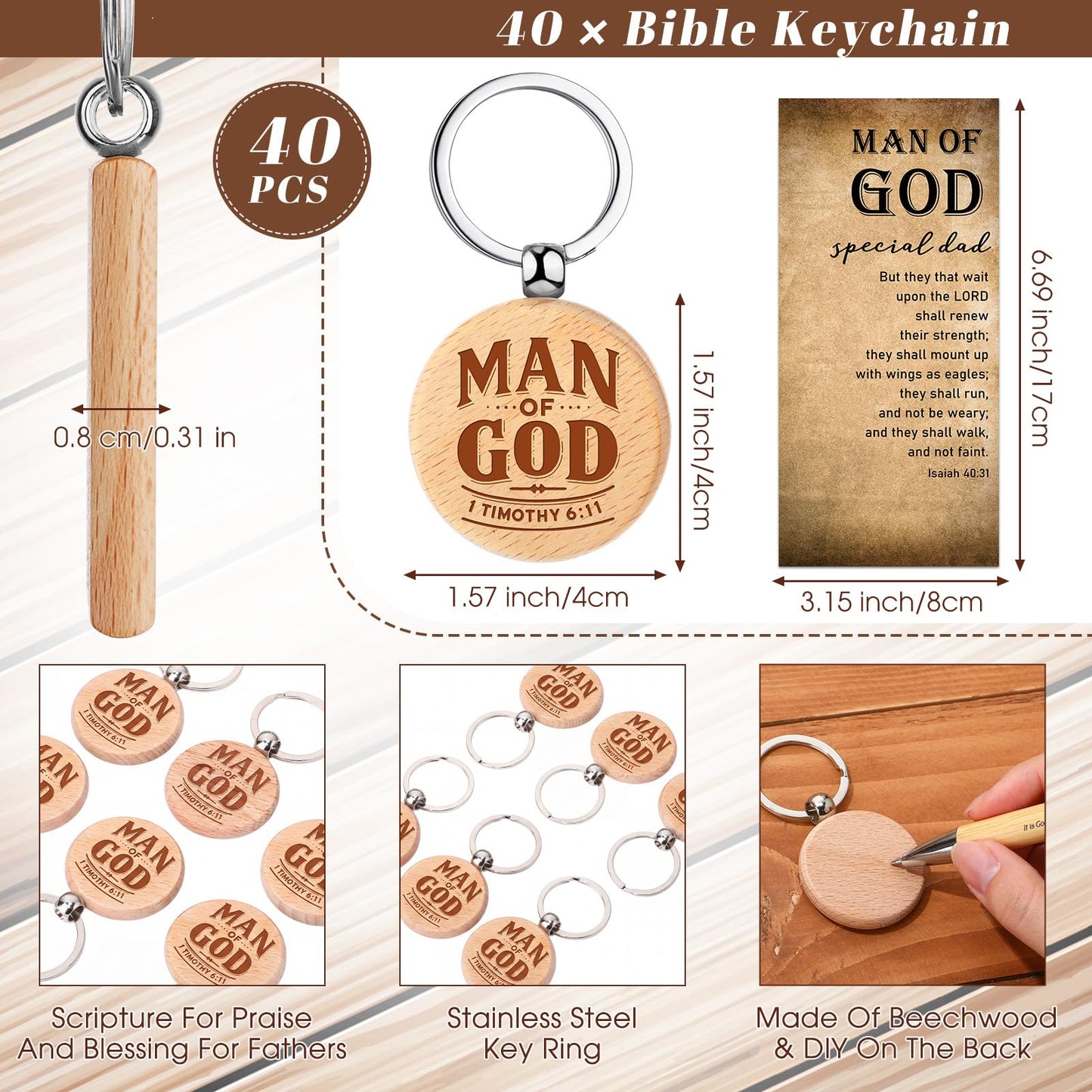 Chiisong 40 Sets Christian Gifts Bulk for Fathers Day Church Man of God Keychain Bible Verse Pen with Scripture Cards for Godfather (Rotundity)