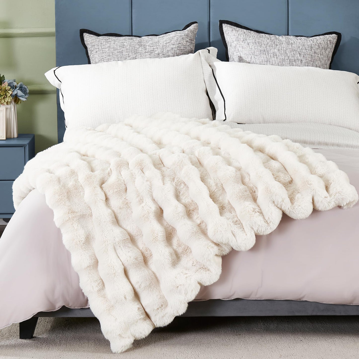 JONIYEAR Soft Fuzzy Bubble Faux Rabbit Fur Throw Blanket for Couch Chair 50" x 60", Reversible Textured Thick Warm Fluffy Blanket for Winter, Luxury Cozy Puffy Shaggy Comfy Furry Blankets, Cream White