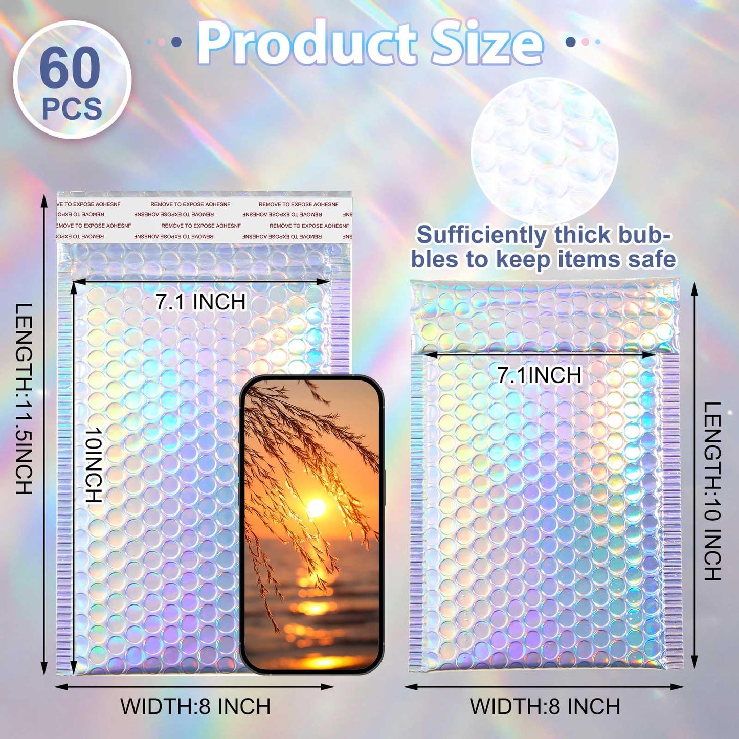 Henoyso 60 Pcs 8 x 11.5 Inch Holographic Bubble Mailers Metallic Bubble Envelopes Waterproof Self Seal Shipping Bags Thick Cushioning Mailers for Makeup Jewelry Small Business Packaging, Rainbow Color