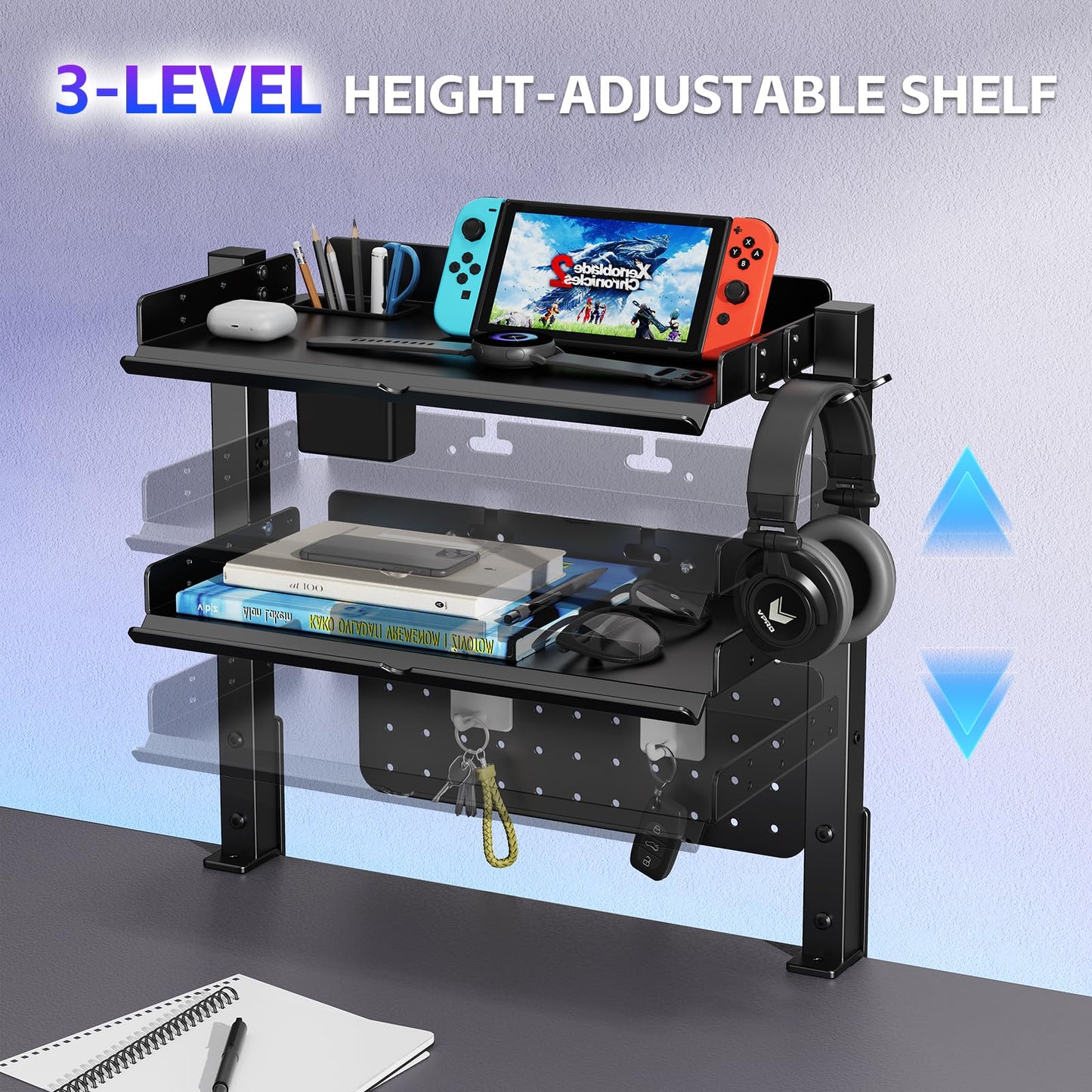2-Tier Metal Clamp On Desk Shelf, Adjustable 16 inch Desk Storage Shelves with Pegboard and Pencil Holder,Above or Under Heavy Duty Desktop Organizer with Headphone Holder for Desk Accessories (Black)