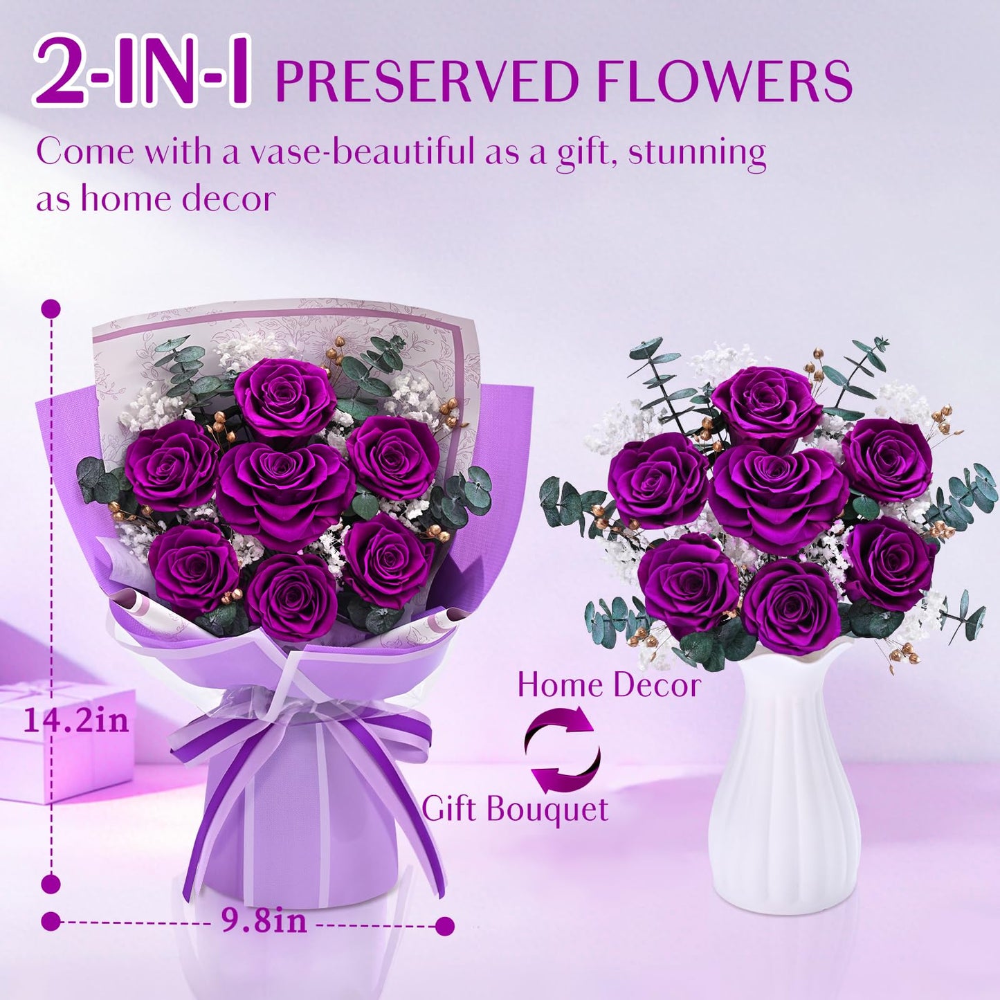 Forever Rose Flowers for Delivery Mothers Day Gifts, 7-Piece Purple Preserved Roses Flowers Bouquet with Vase Gift Box, Long-Lasting Flower Bouquet for Mom Her Women Wife Girlfriend Mothers Day