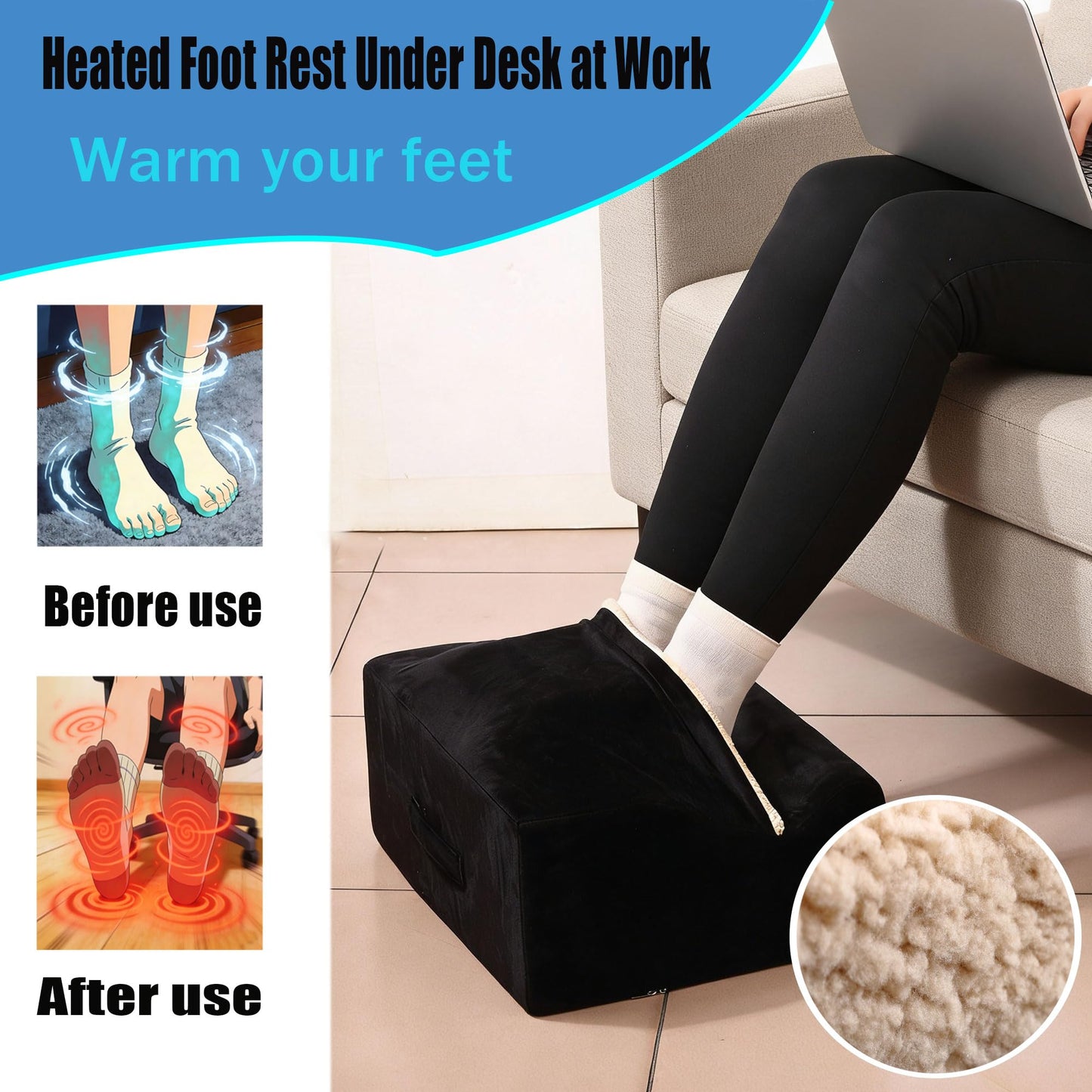 COMFelicify Foot Rest for Under Desk at Work, Office Footrest with Warm Feet Pocket,Ergonomic Under Desk Footrest with Washable Cover, Stool for Office Chair & Back &Pain Relief (Black+)