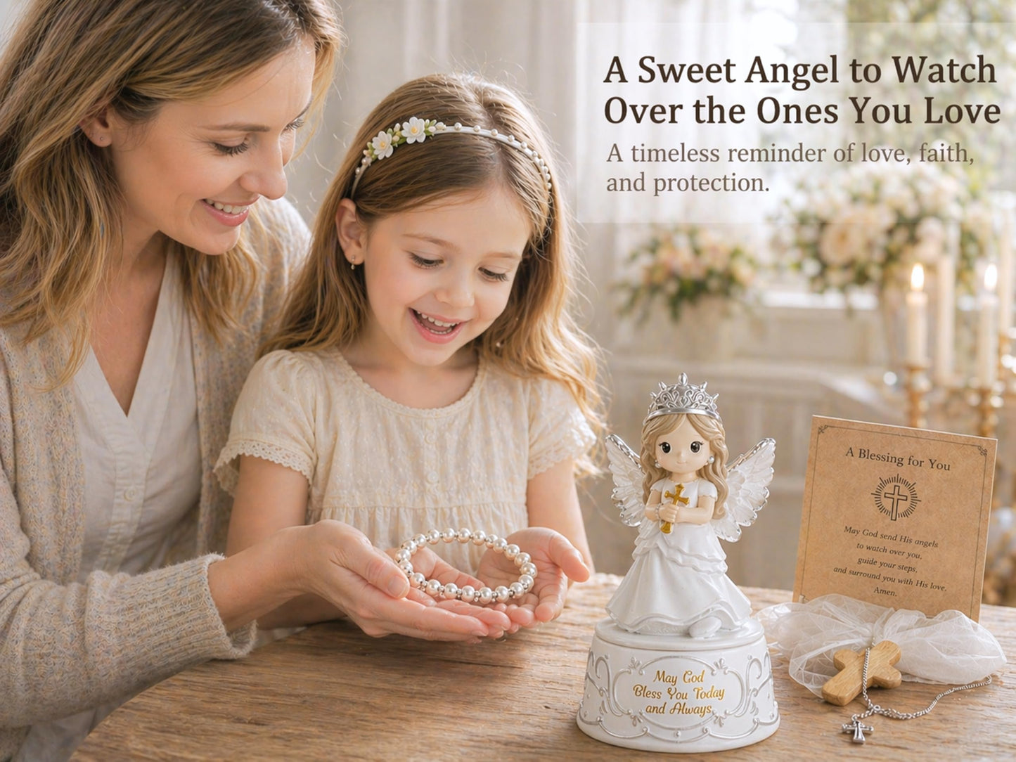 Gleemoria First Communion Gifts for Girls – Baptism & Confirmation Gifts for Teen Girls, Angel Figurine with Keepsake Box, Cross Necklace for Girls & Adjustable Bracelet & Wood Cross