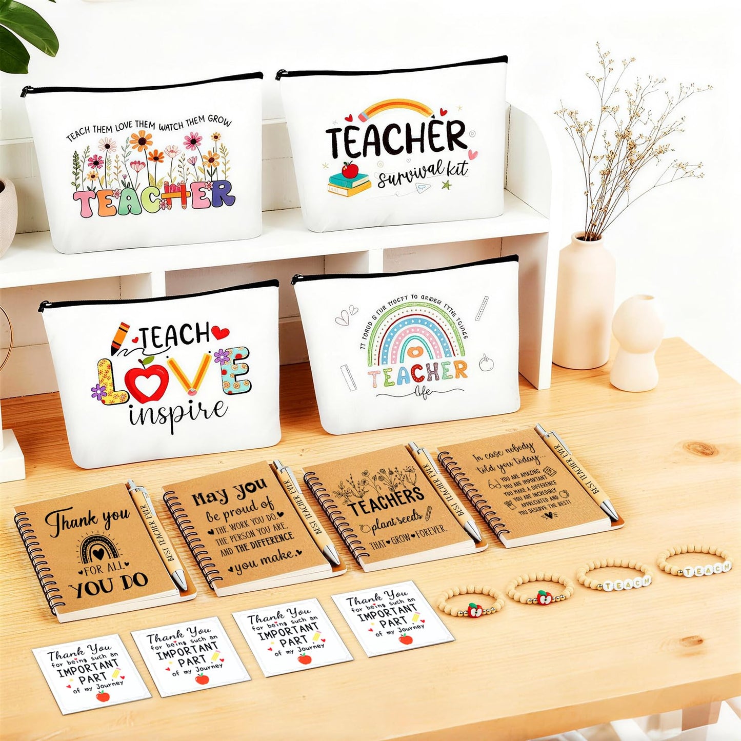 WenmthG 20Pcs Teacher Appreciation Gifts Bulk for Women - Thank You Teachers Gifts with Cosmetic Bags Notebooks Pens Bracelets Thank You Cards for Graduation Teacher’s Day End of Year Easter Birthday