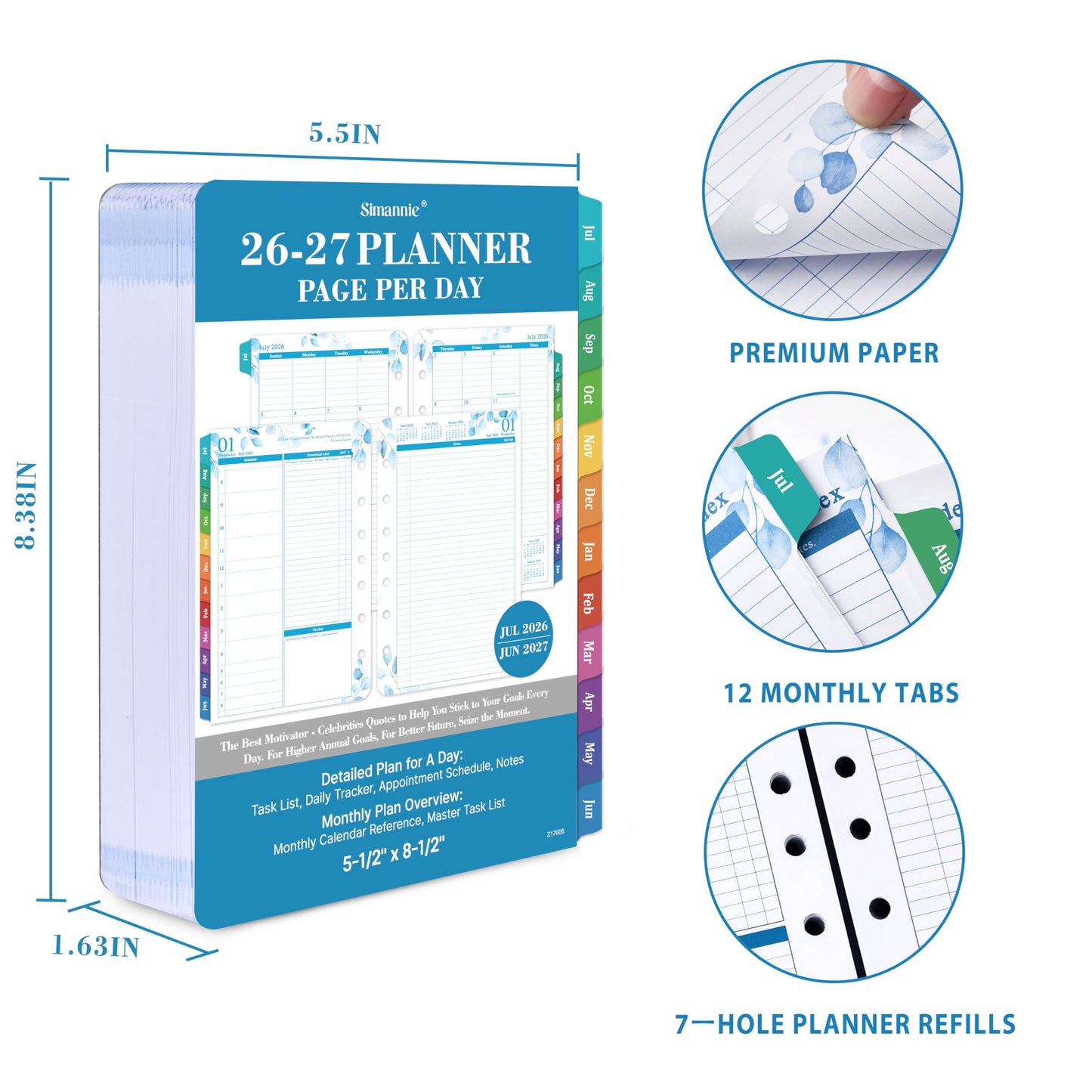2026-2027 Planner Refills – July 2026 - June 2027, Daily Planner Refills 2026-2027, Two Pages Per Day Daily & Monthly Planner Inserts, 8.38" x 5.51", Ring-Bound with Tabs