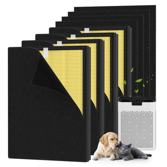 4 Packs KJ190L Pet Care Replacement Filter Compatible with MOOKA KJ190L and KJ190H Air Purifi-er, Washable 3-Stage Filtration for Smoke, Pollen, Activated Carbon for Odor & Dander Control, Yellow