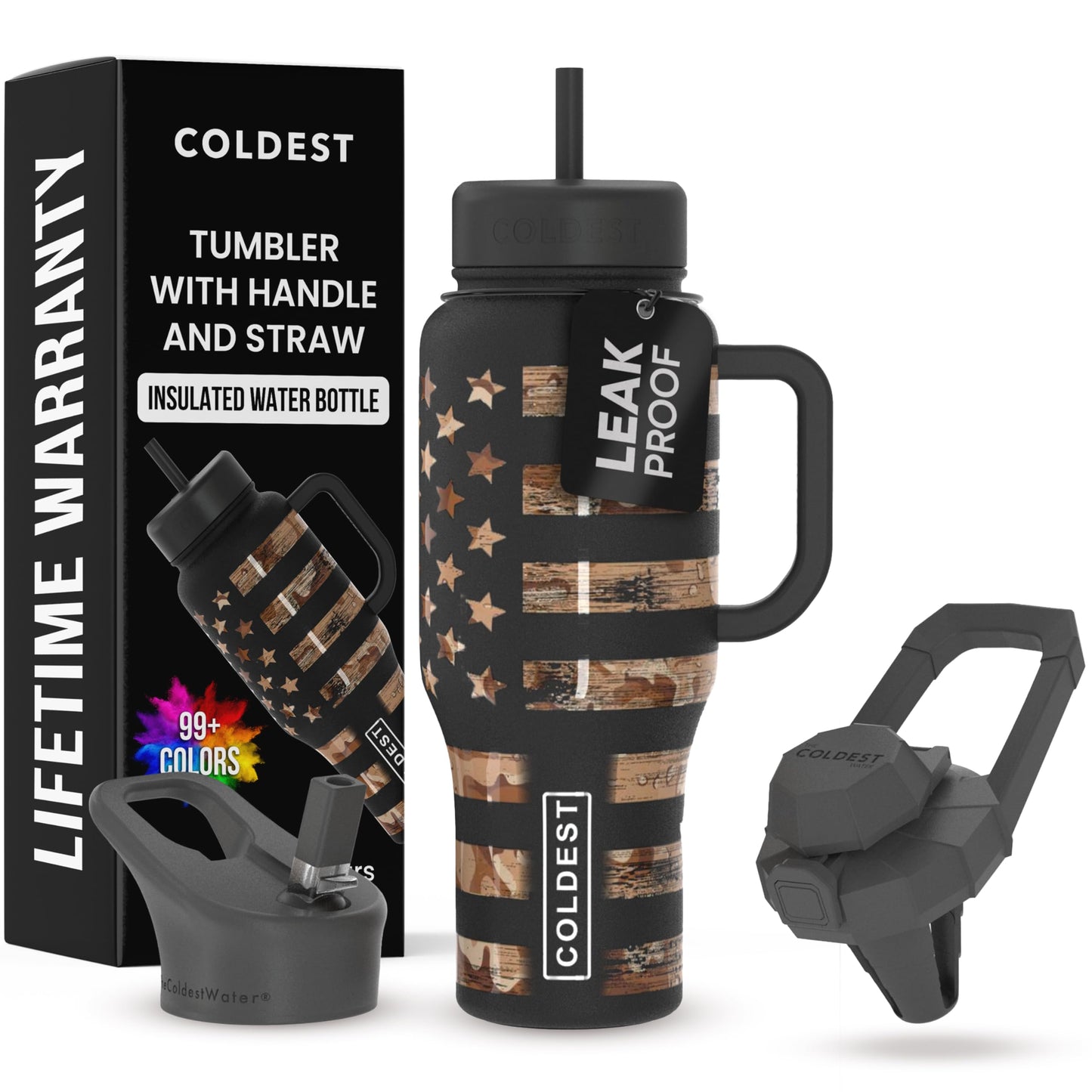 Coldest Tumbler with Handle and Straw, 100% Leak Proof Insulated Tumbler with Lid and Straw (3 Lids), Stainless Steel Tumblers for Women & Men, Cup Holder Friendly, 36 oz (Camouflage Flag)
