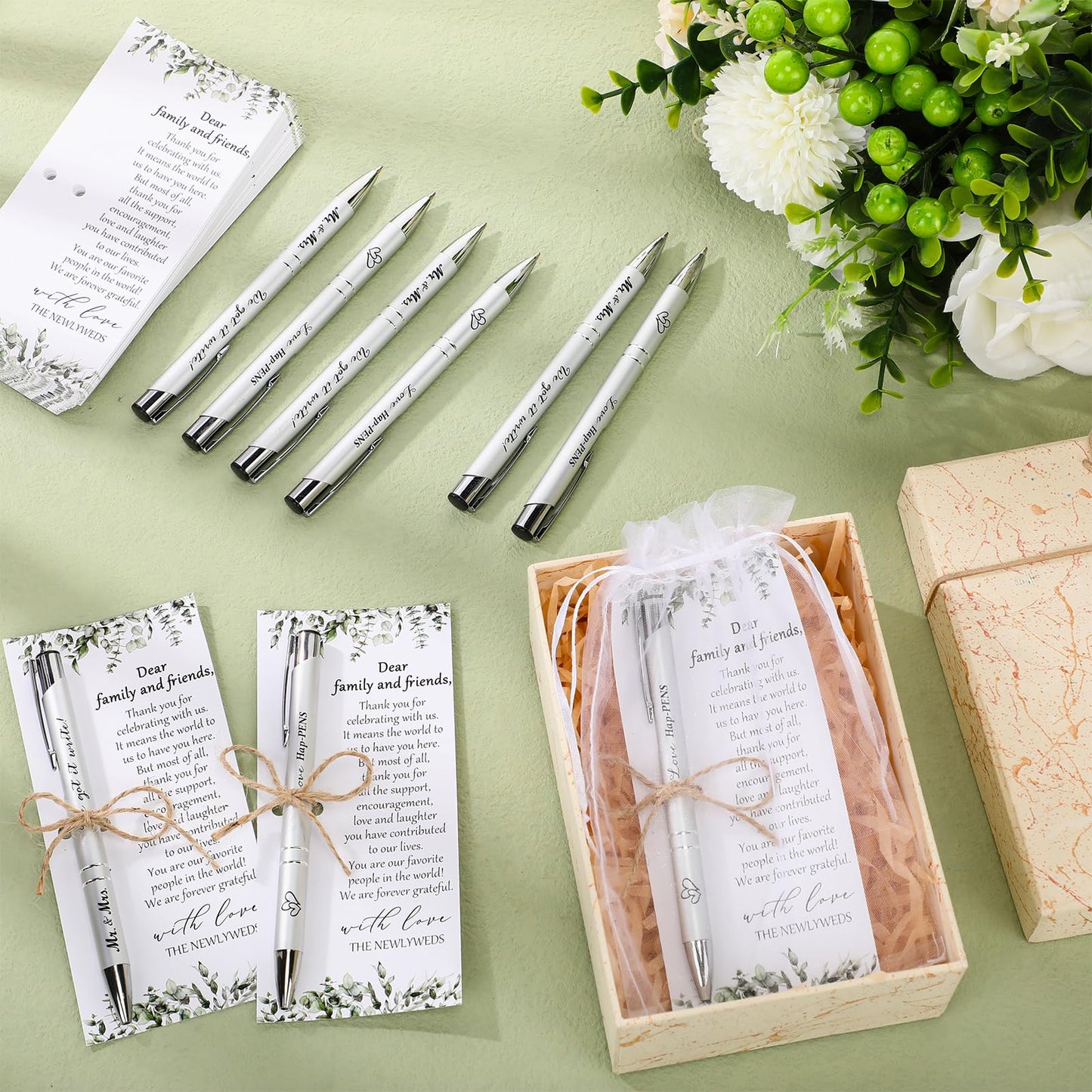 Humyoun 50 Sets Wedding Favors for Guests Includes 50 Black Ink Retractable Ballpoint Pen 50 Thank You Cards 50 Organza Bag with Hemp Rope Bridal Shower Favors Bridal Shower Gifts for Party Supplies