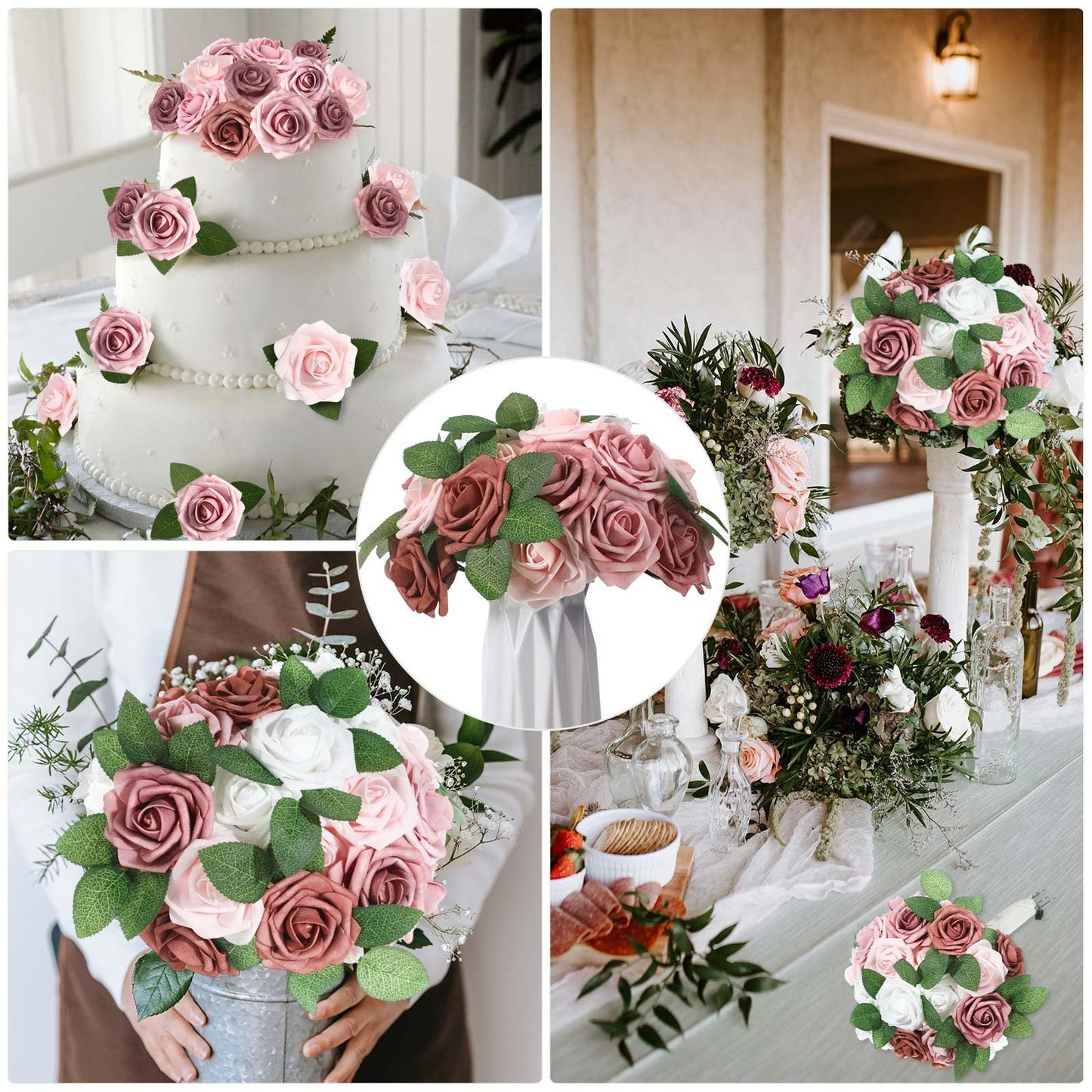 Luinabio 100 Pcs Artificial Foam Rose Flower Faux Bouquet Wedding Fake Rose Gift for Mother's Day Women DIY Bridal Shower Party Table Birthday Home Spring Decor (Shades of Dusty Pink)