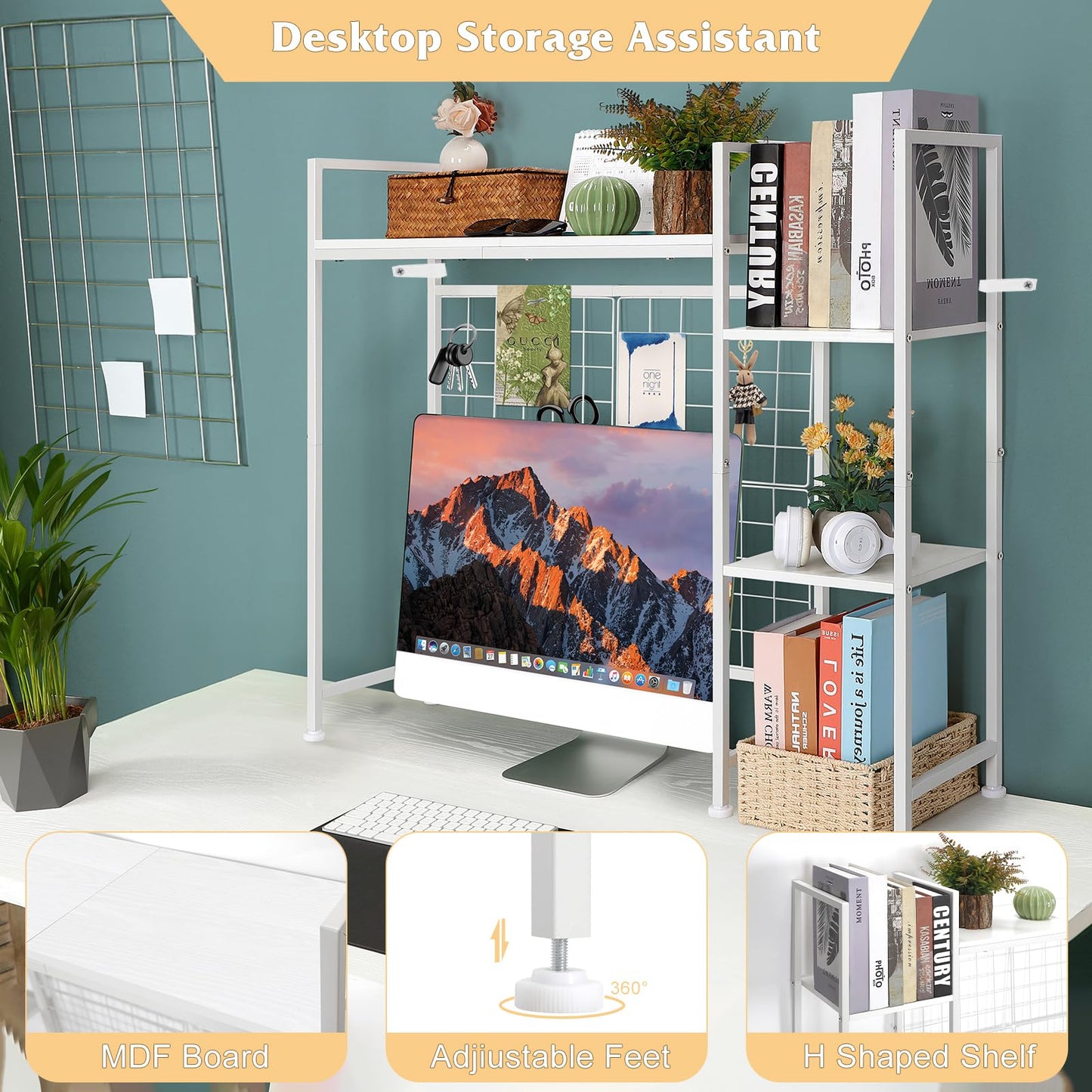 YBING Desk Shelf, 37.4" Desktop Organizer Shelf, Desk Hutch for Computer Monitor, Display Bookcase Rack with Grid Panel, Wood Desktop Bookshelf for Home Office, White