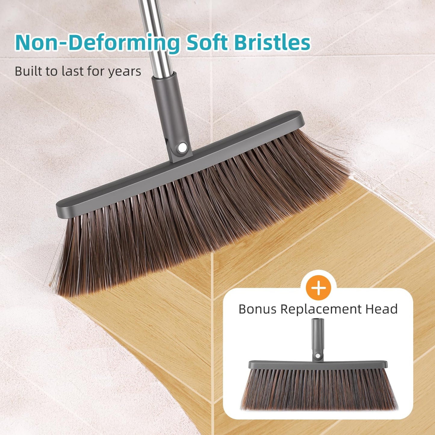 MOPALL Broom with Dustpan Combo Set with 52.5" Extra Long Handle, Self-Cleaning Dustpan Teeth for Dog Cat Pets Hair, 180° Swivel Brooms Head for Sweeping Indoor, Includes 2 Broom Heads