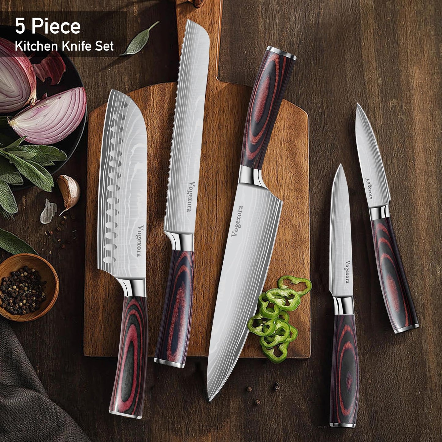 Vorgexora 5 Pcs Chefs Kitchen Sharp Knife Set - Japanese Professional Cooking Cutting Knives for Meat Vegetable Bread and Paring, High Carbon Stainless Steel Santoku