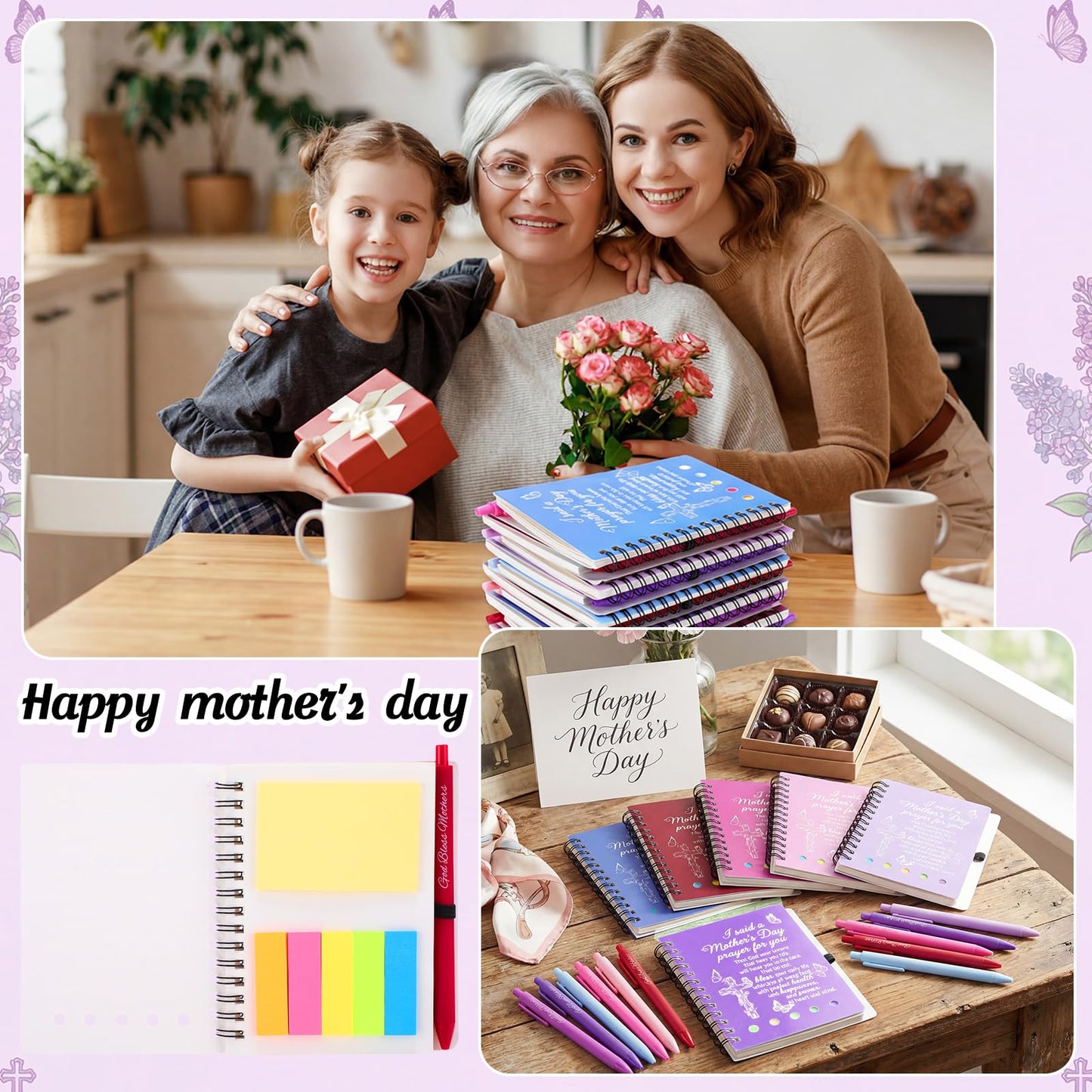 FunooFuno 24 Sets Mother's Day Christian Gifts Bulk Bible Verse Spiral Notebooks with Sticky Note Religious Ballpoint Pens Prayer Journal Church Gifts for Mamas Mom Women Mother's Day