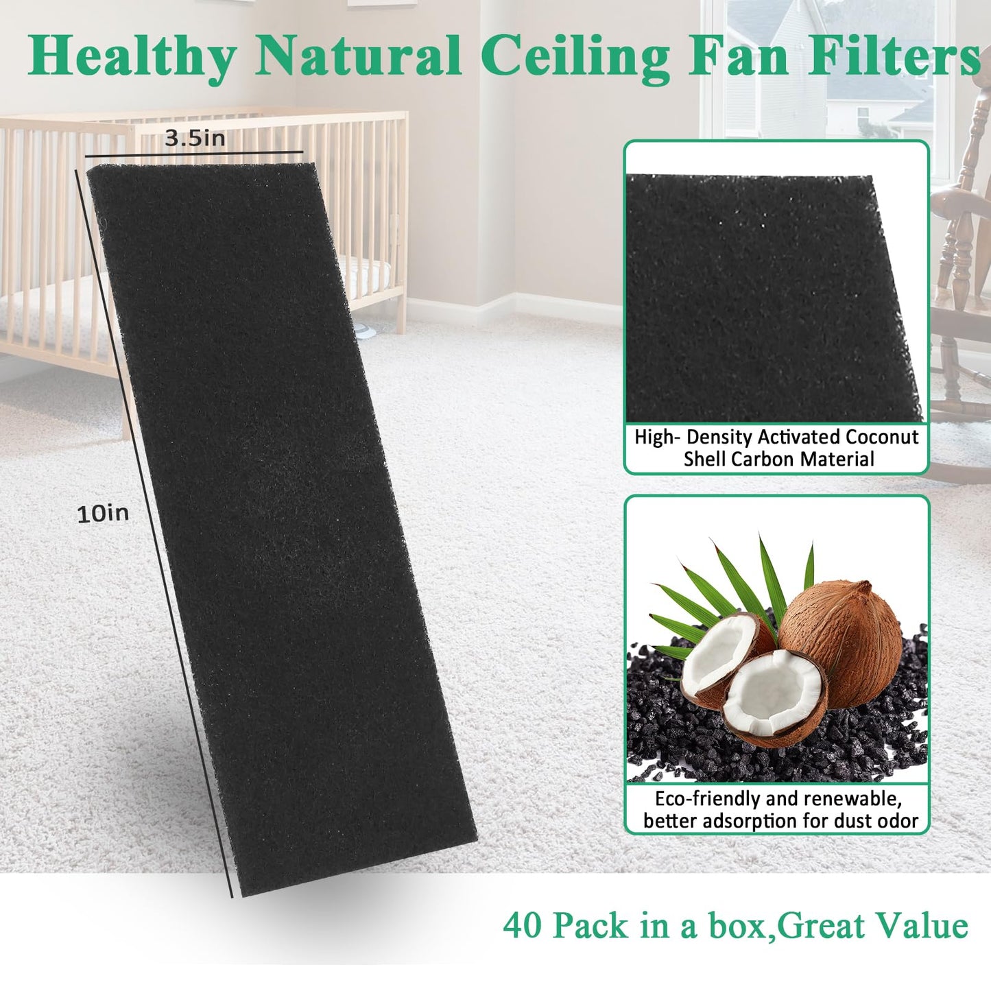 40 Pcs Ceiling Fan Filters for Blades, Fan Air Purifier Pads with Activated Coconut Shell Carbon, Universal Easy Stick Ceiling Fans Filter Fit for Common Household Office Contaminants