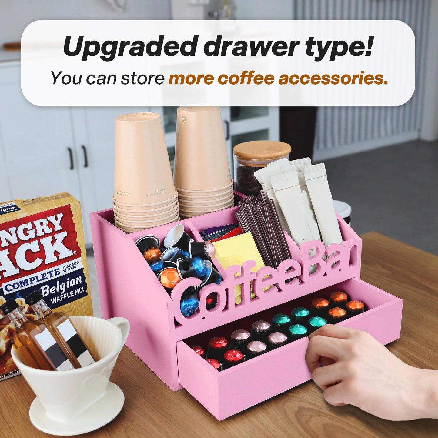 ADDFIT HOUSE Coffee Bar Organizer for Countertop – Wooden Coffee Station, Tea and K Cup, Condiment Storage Rack, Coffee Pod Holder for Home and Office Counter Organization (Drawer - Pink)