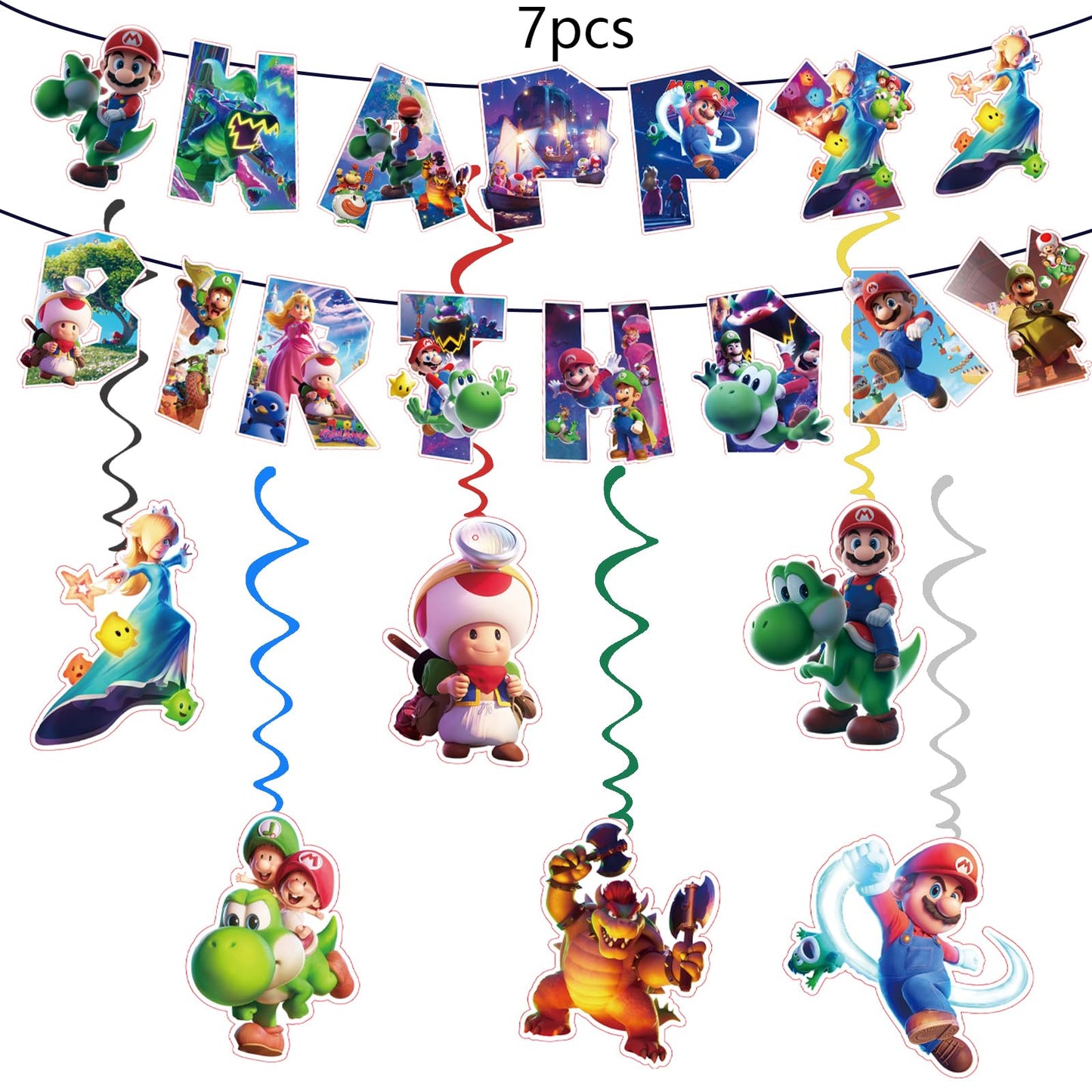 88PCS For Latest Mario Party Supplies: 6 Hanging Swirls, 20 Napkins, 20 Cups, 20 Plates （9 inch）， 20 Plates 7（ inch）, 1 Banner, 1 Tablecloth for Mario Birthday Party Decorations