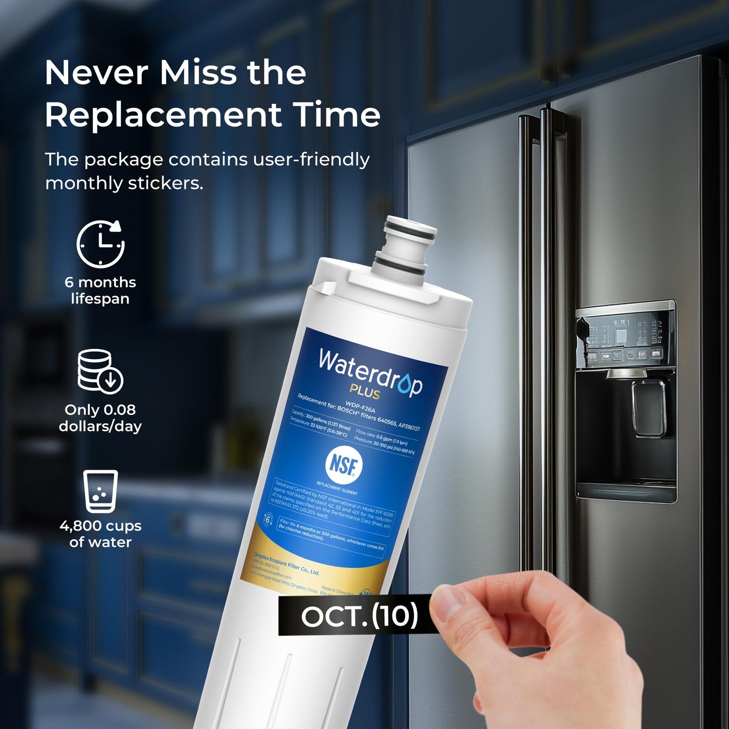 Waterdrop Plus 640565 Refrigerator Water Filter, Reduce Lead&PFAS, Replacement for Bosch® 640565, NSF 401, 53 & 42 Certified, 3 Filters