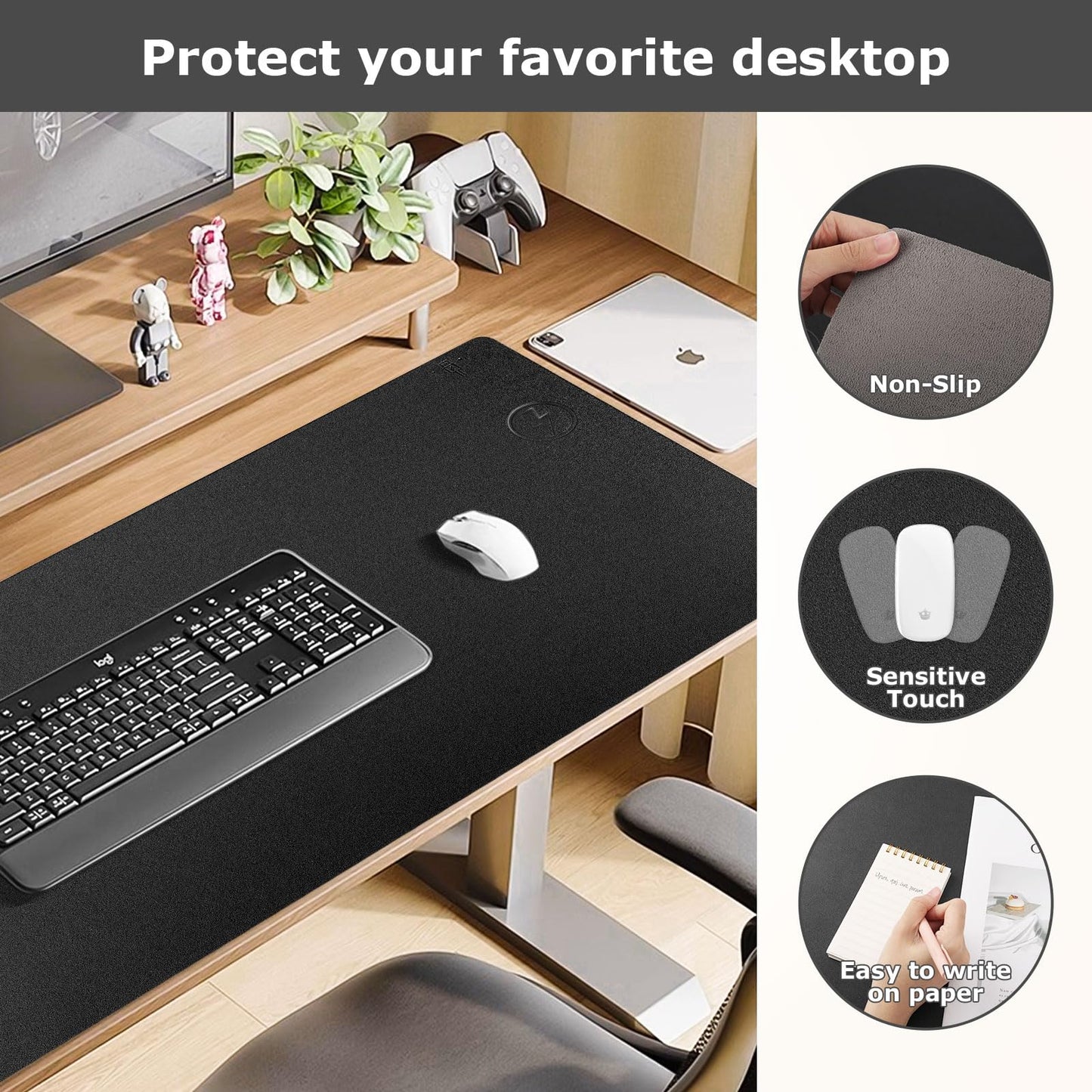 Wireless Charging Mouse Pad Firelison 2 in 1 Leather Multifunctional Office Desk Pad with Non-Slip Rubber Base, Waterproof Desk pad for Computers/Office/Work/Home/Decor（ 36" x 17"Black - R）