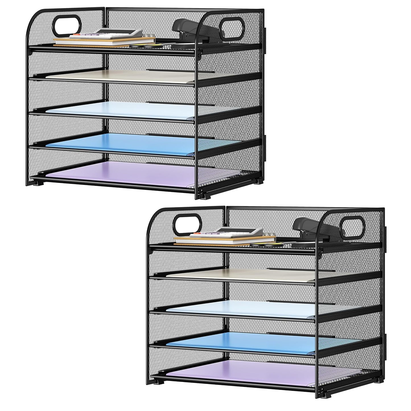 Kinkota Paper Organizer Letter Tray with Handle Mesh 5 Trays Desk File Organizer Paper Sorter Desk Organizer for Office, Home or School-Black 2 Pack