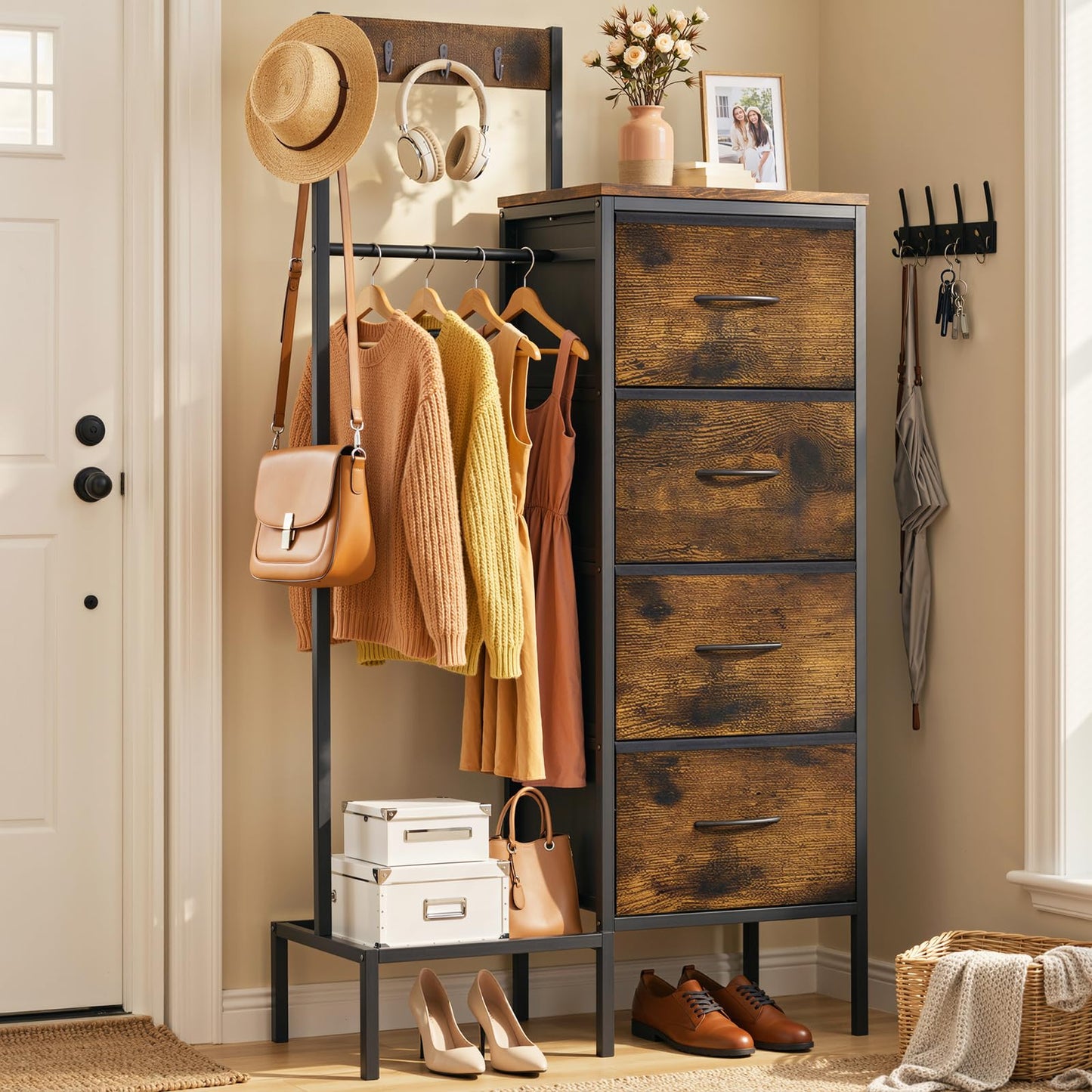 Lewondr Dresser with Hanging Rack and Storage Drawers, 4 Drawer Chest with Hooks and Hat Rack, Rustic Entryway Organizer for Accessories, Brown Wood Finish