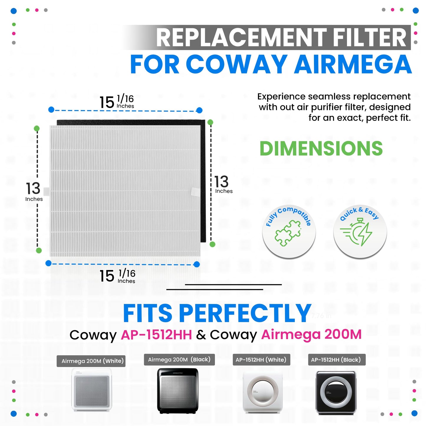 Bagean AP-1512HH Filter Compatible with Coway Airmega AP-1512HH & 200M Air Purifier - Fit Coway Filter Replacement - H13 True HEPA Filters Removes 99.97% particles Freshens the Air (2 HEPA + 4 Carbon)