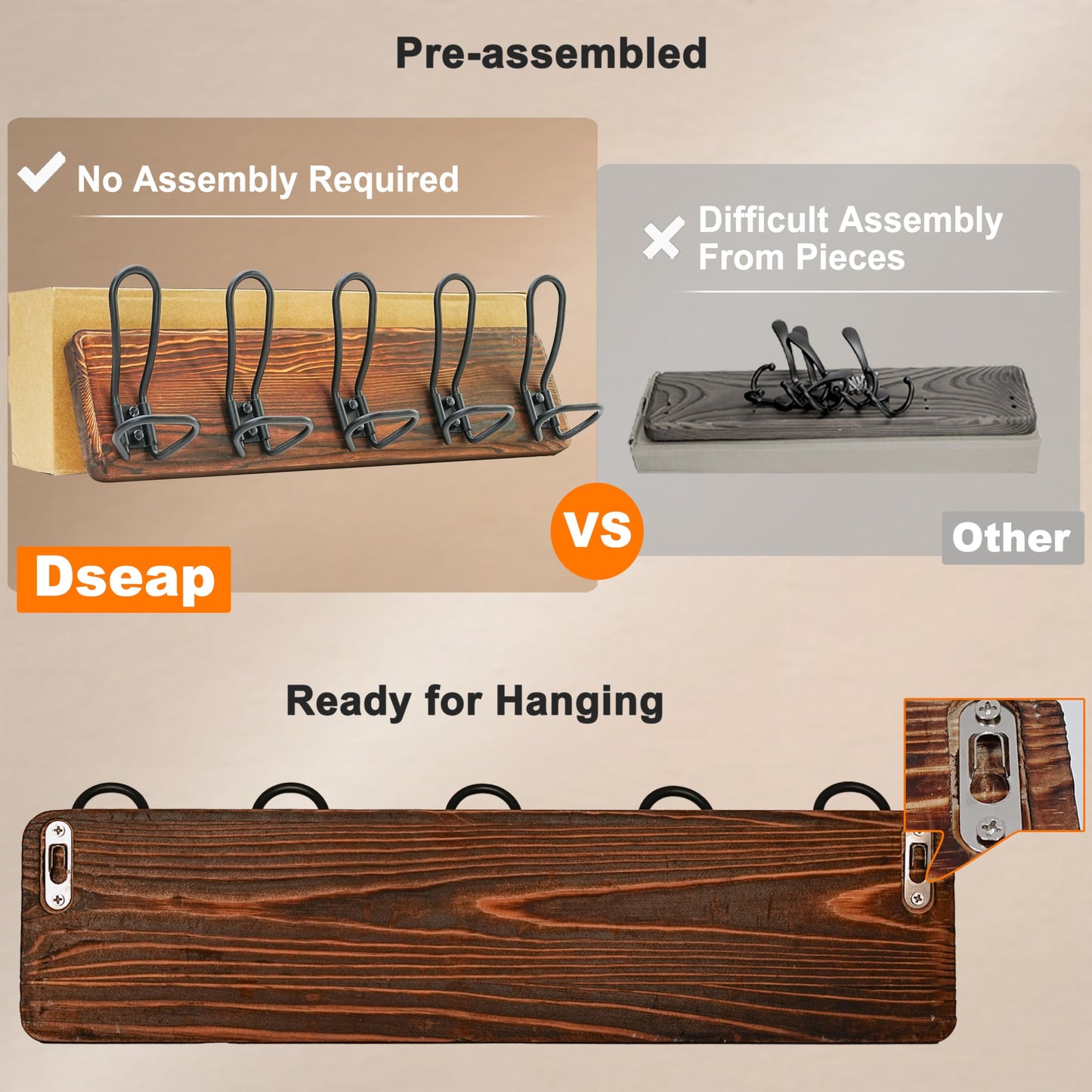 Dseap Coat Rack Wall Mounted - Heavy Duty Farmhouse Rustic Wall Coat Hanger with 5 Wire Hooks for Clothes Hat Jacket Towel, RusticWire, G25A, Rustic Brown & Black, Pack of 2