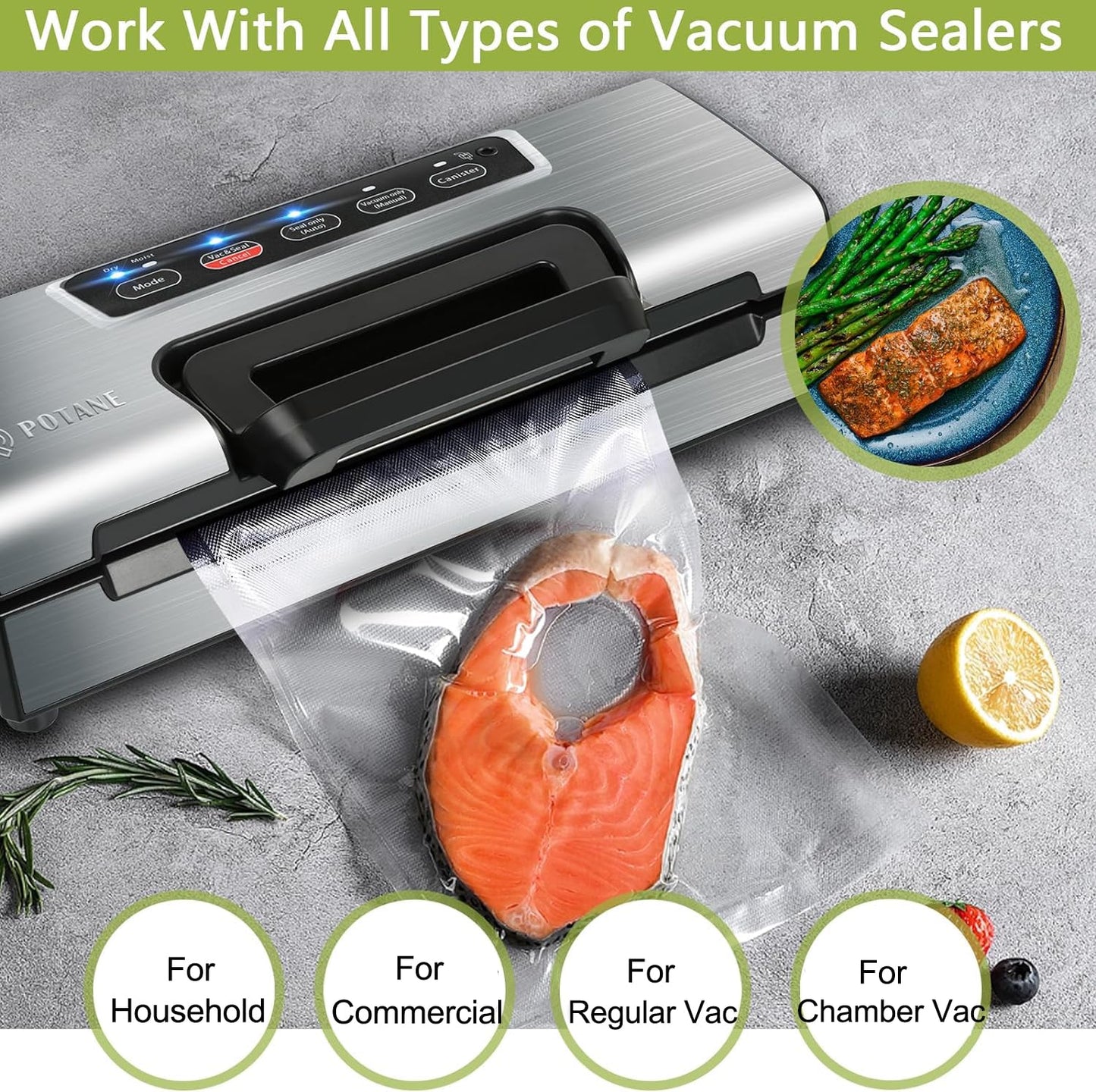 Potane 8 Pack 8"x20'(8Rolls) Thickened Vacuum Sealer Bags For Food, Textures on Both Sides, Smell-Proof, Heavy Duty for POTANE, Food Saver, Weston, Sous Vide
