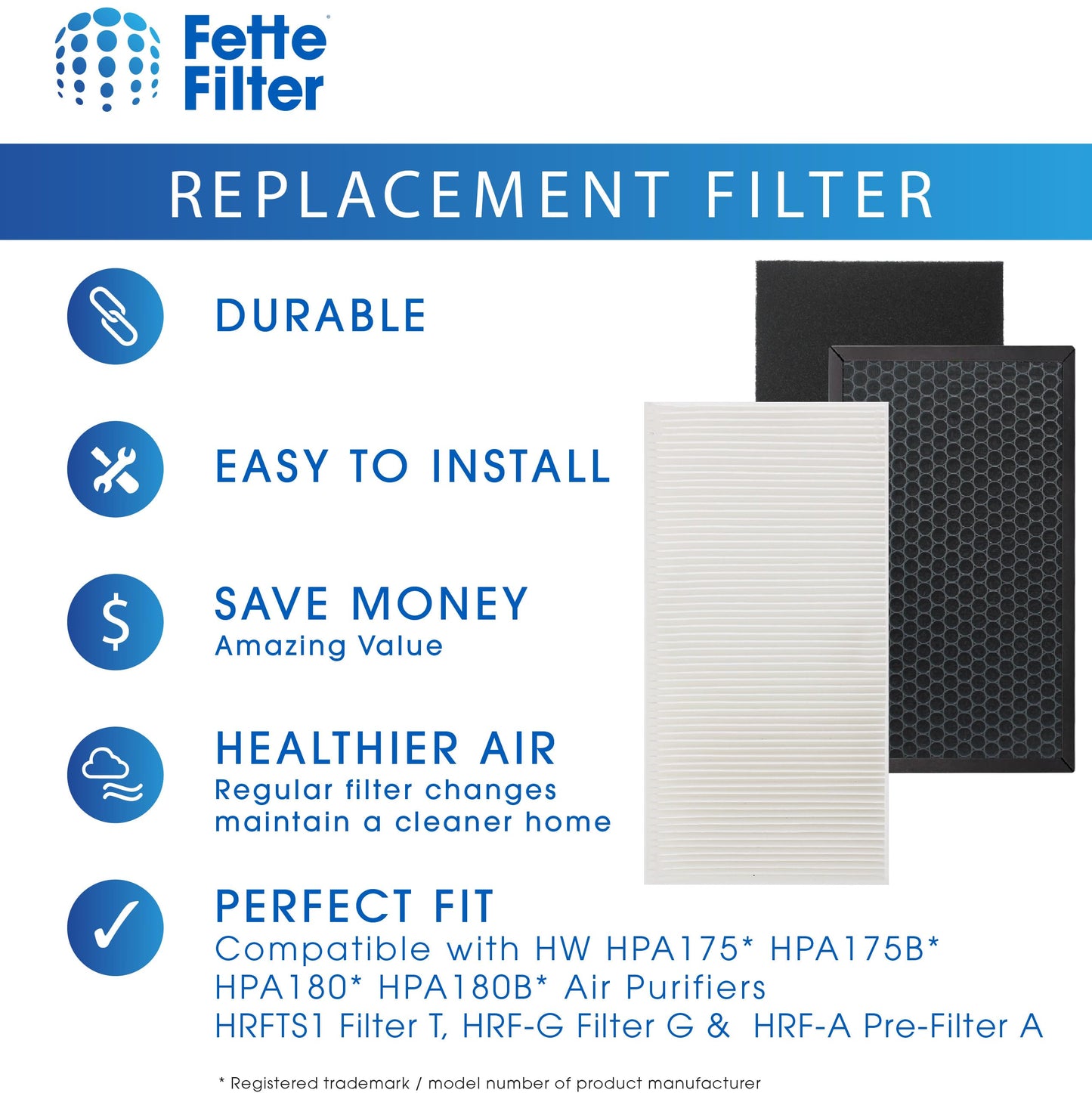 Fette Filter - Replacement Air Purifier Filter Compatible with Honeywell HPA175 HPA175B HPA180 HPA180B Air Purifiers Contains 2 HRFTS1 Filter T, 2 HRF-G Filter G & 2 HRF-A Pre-Filter A - Combo Pack