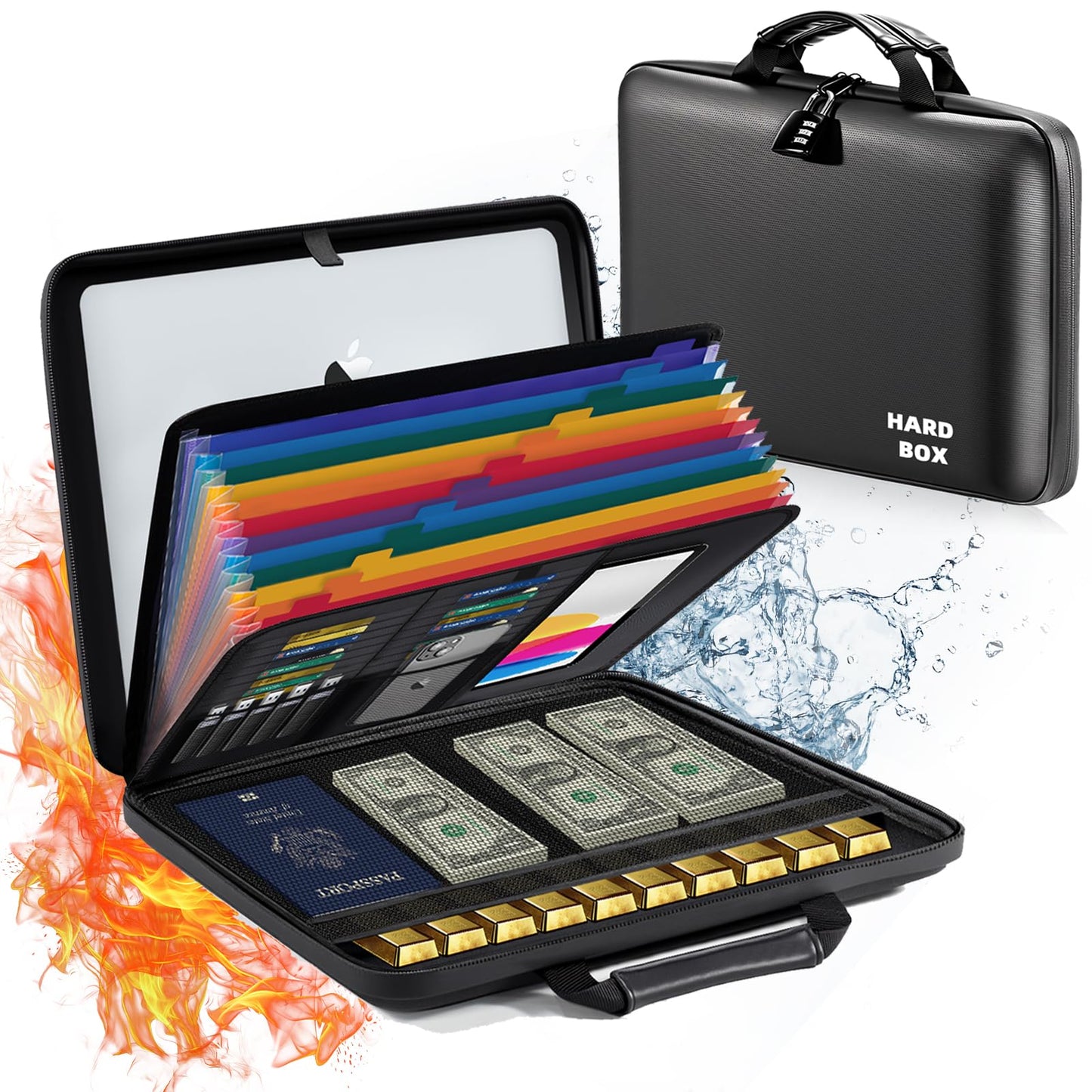 Fireproof Document Box File Organizer: Hard-Shell Case Fireproof Waterproof Box with Lock & 13 Pocket Accordion File Folder - Portable Home Office Travel Safe Storage for Important Documents and Files