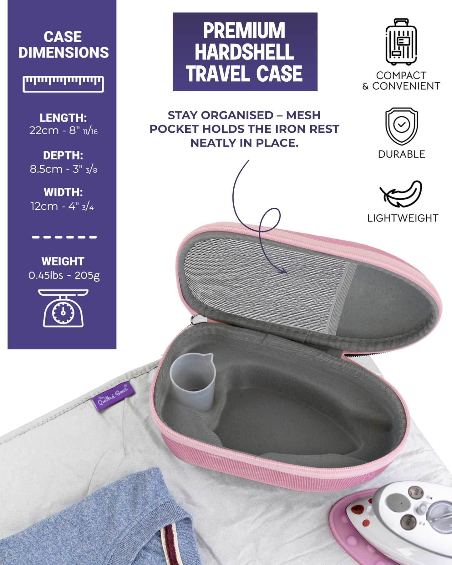 The Quilted Bear Premium Mini Steam Iron - Lightweight Mini Travel Iron for Effortless Quilting & Wrinkle-Free Clothes with Carry Case & Iron Rest Set - Travel Steamer for Clothes & Crafts (Pink)